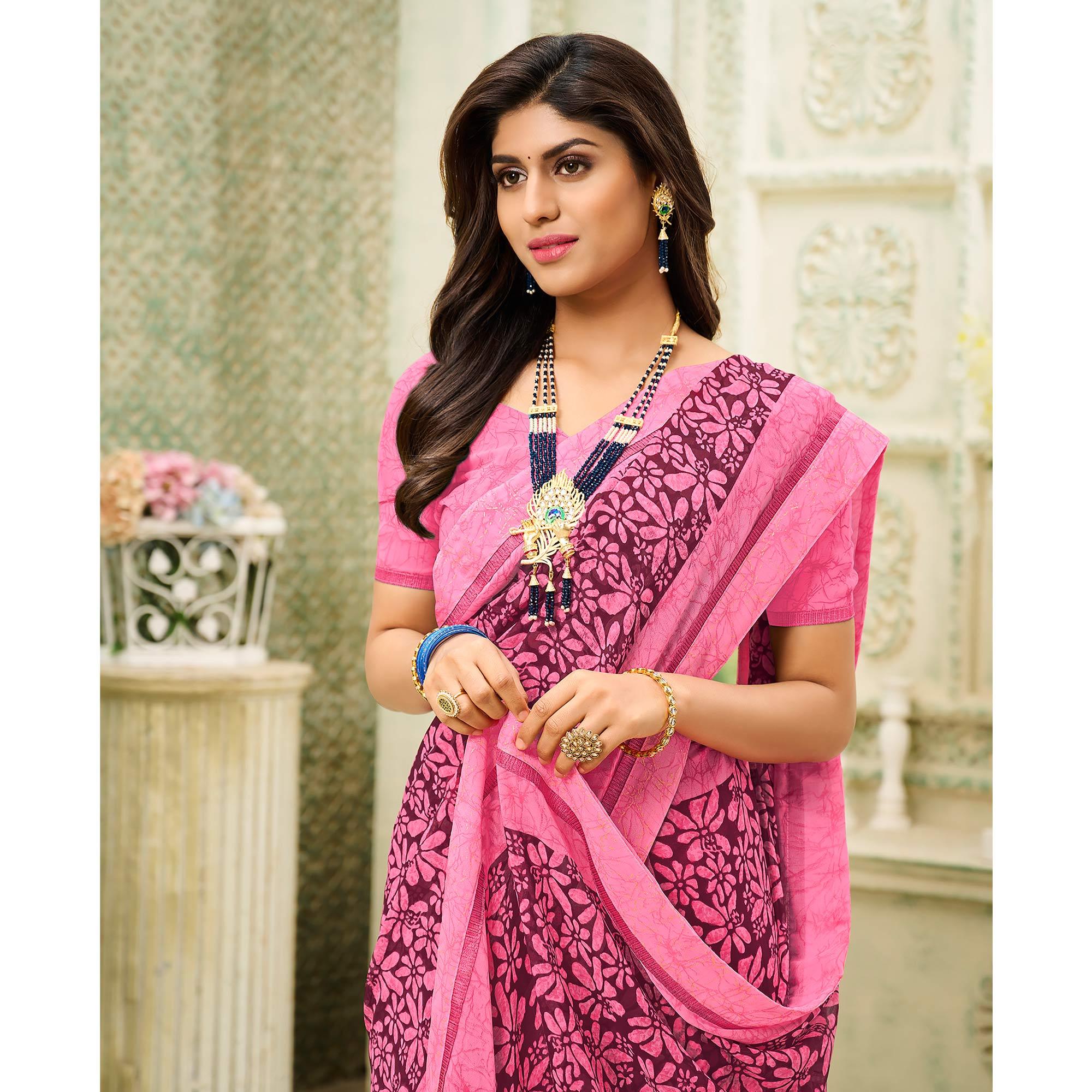 Pink Casual Wear Floral Printed Georgette Saree - Peachmode