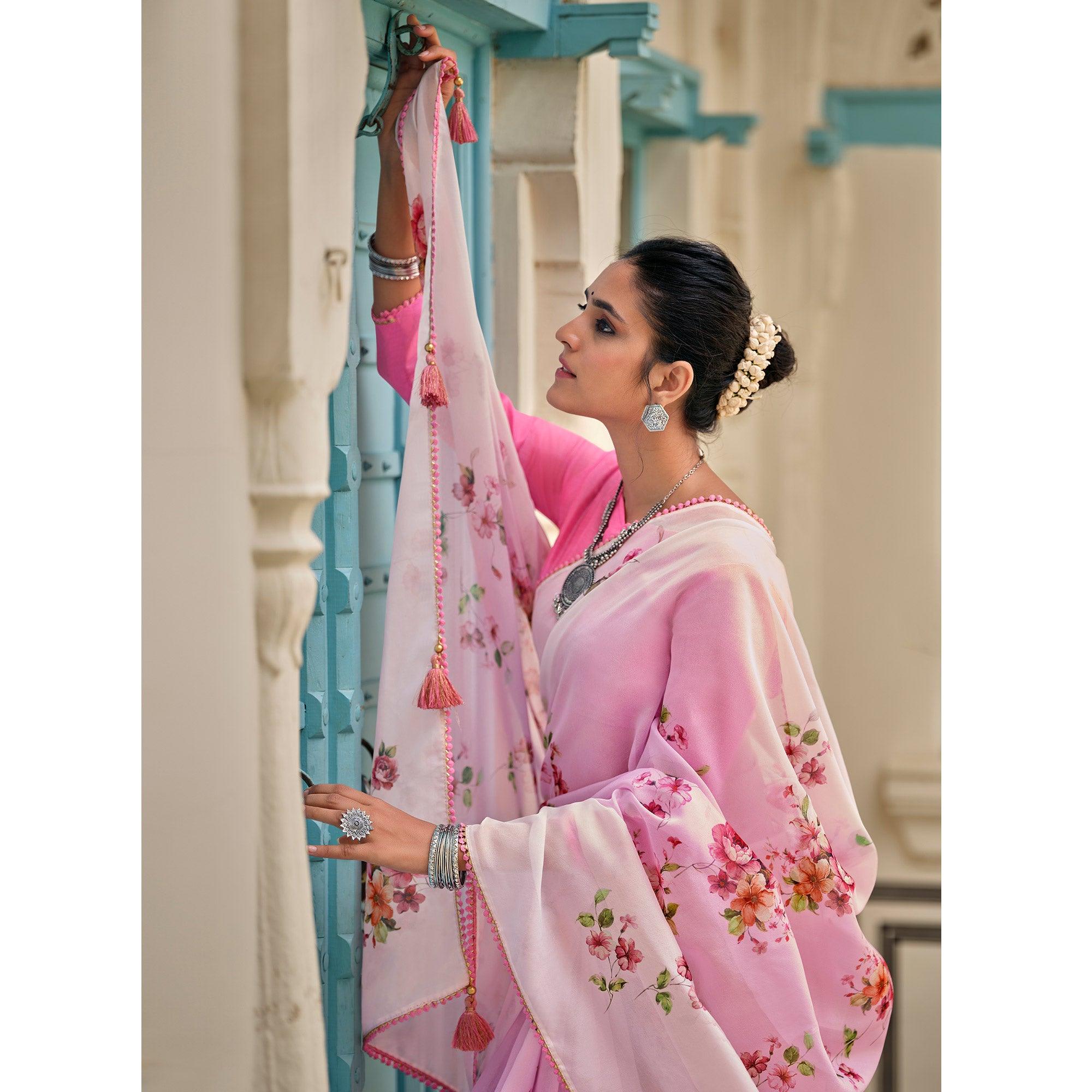 Pink Casual Wear Floral Printed Heavy Organza Silk Saree - Peachmode