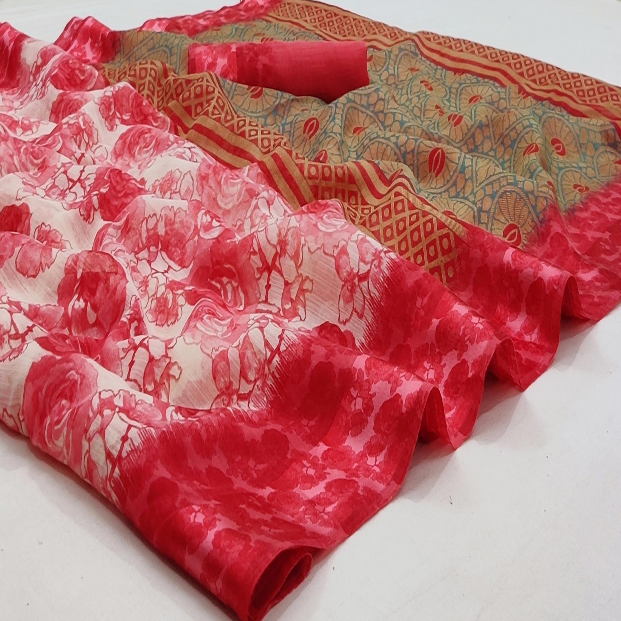 Pink Casual Wear Floral Printed Linen-Satin Saree - Peachmode