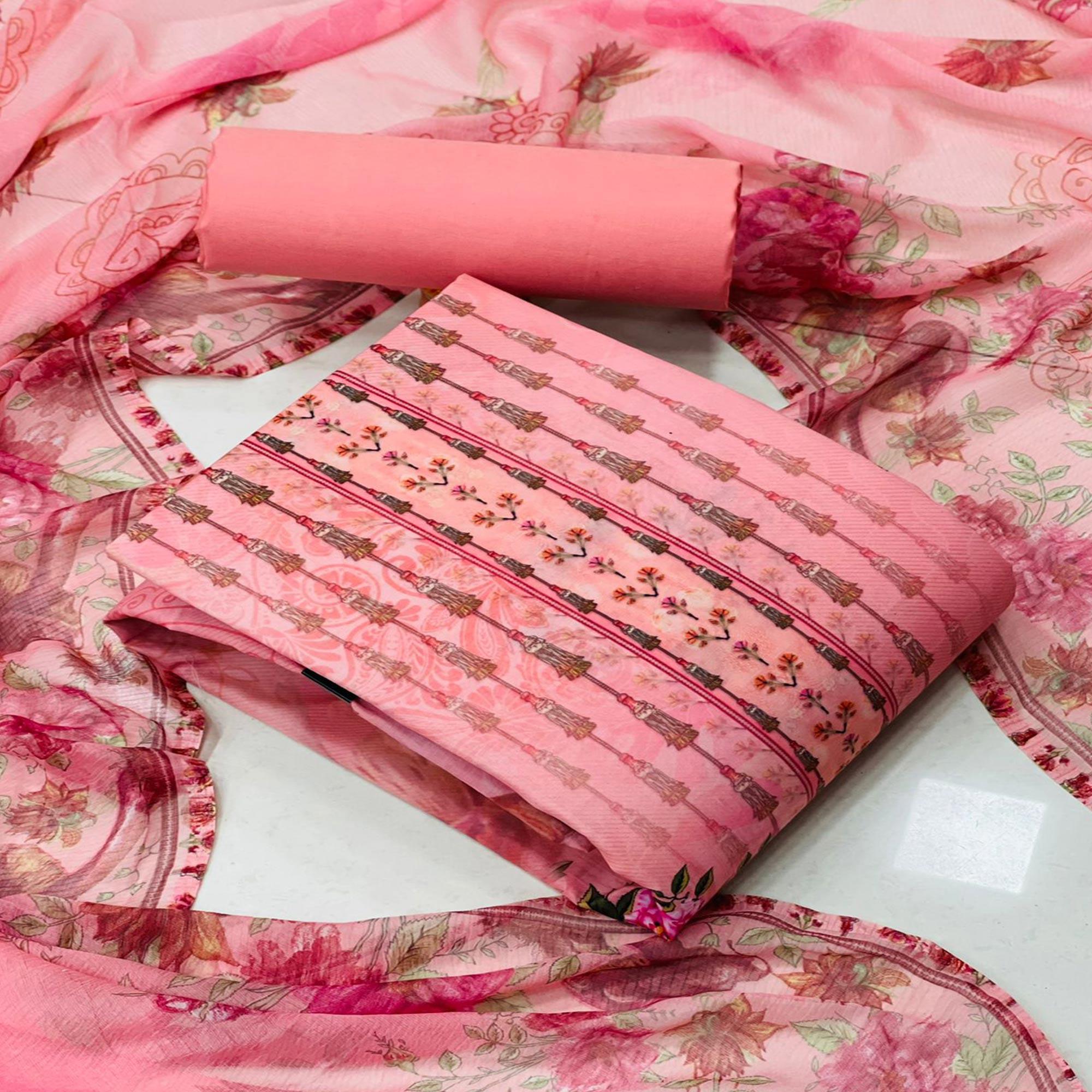 Pink Casual Wear Floral Printed Poly Cotton Dress Material - Peachmode