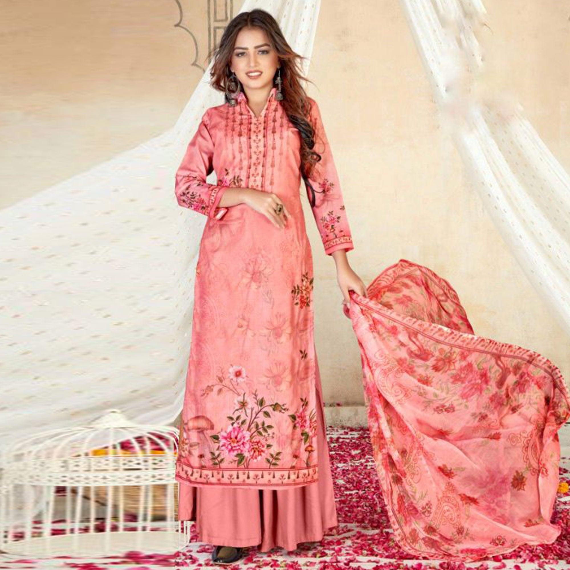 Pink Casual Wear Floral Printed Poly Cotton Dress Material - Peachmode