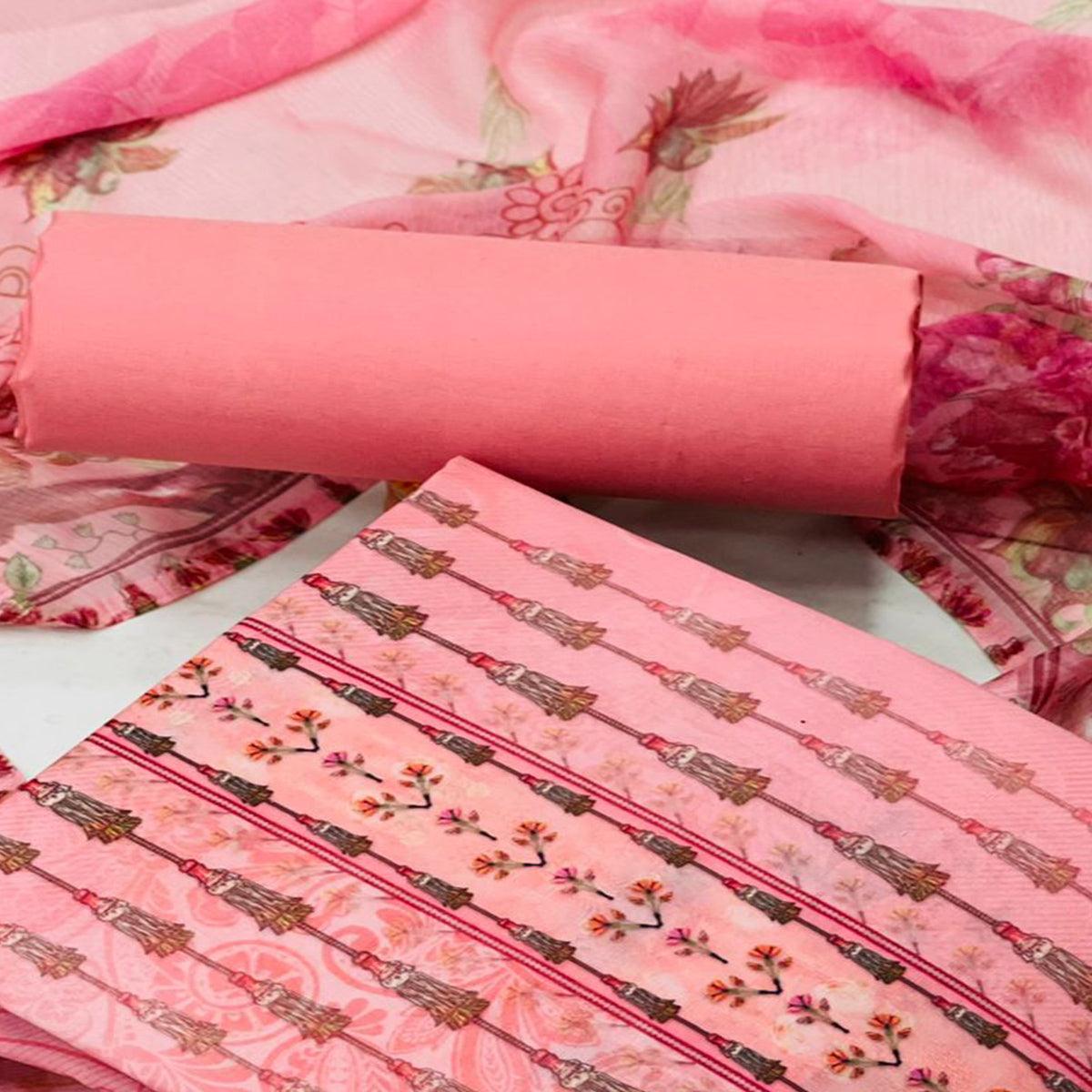 Pink Casual Wear Floral Printed Poly Cotton Dress Material - Peachmode