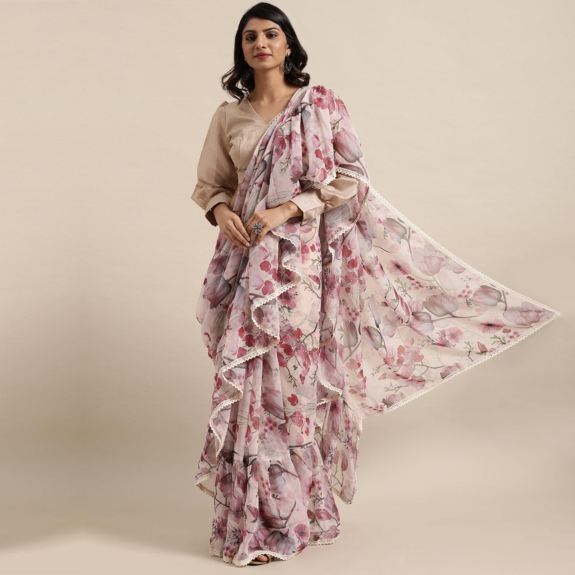 Pink Casual Wear Floral Printed Poly Georgette Saree - Peachmode