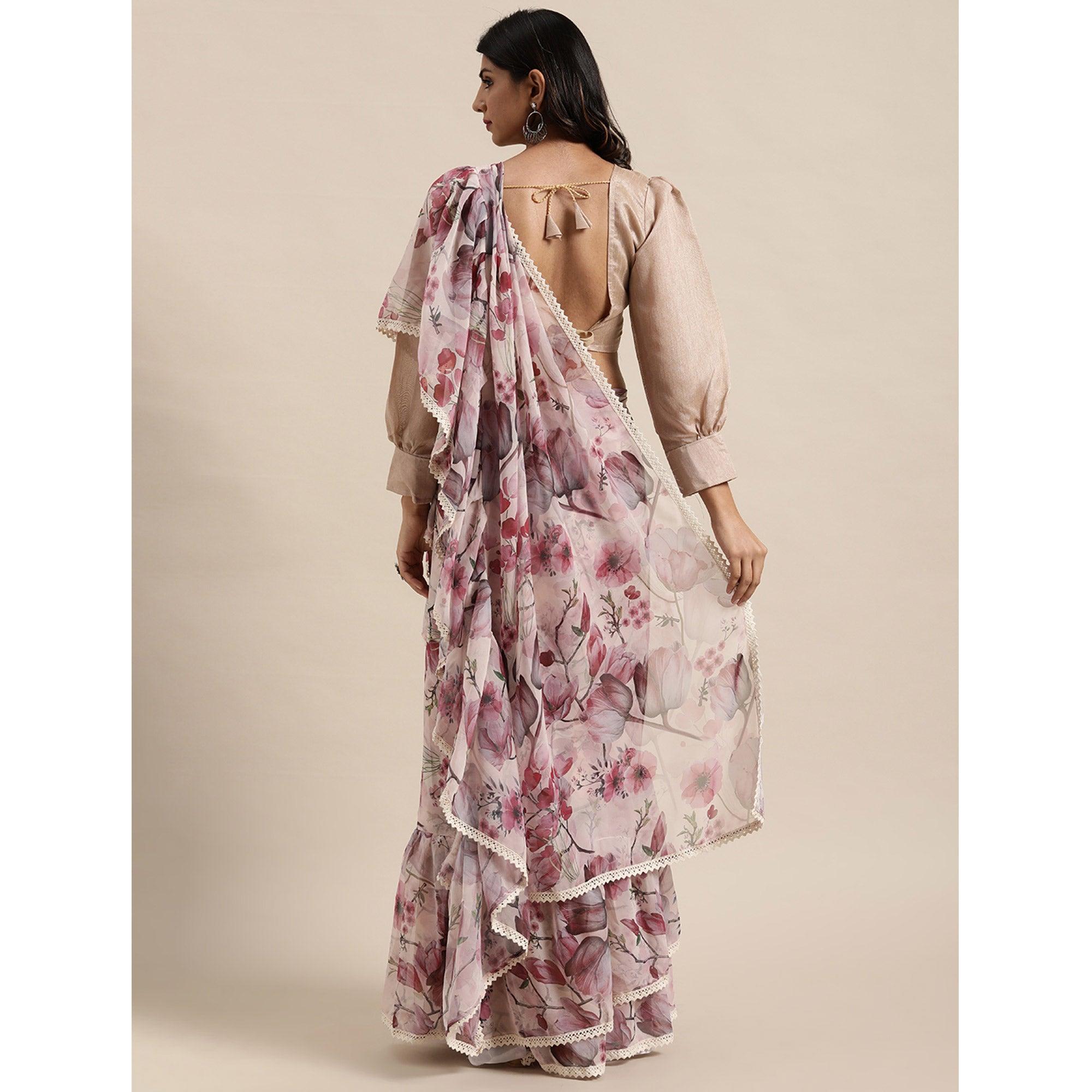 Pink Casual Wear Floral Printed Poly Georgette Saree - Peachmode