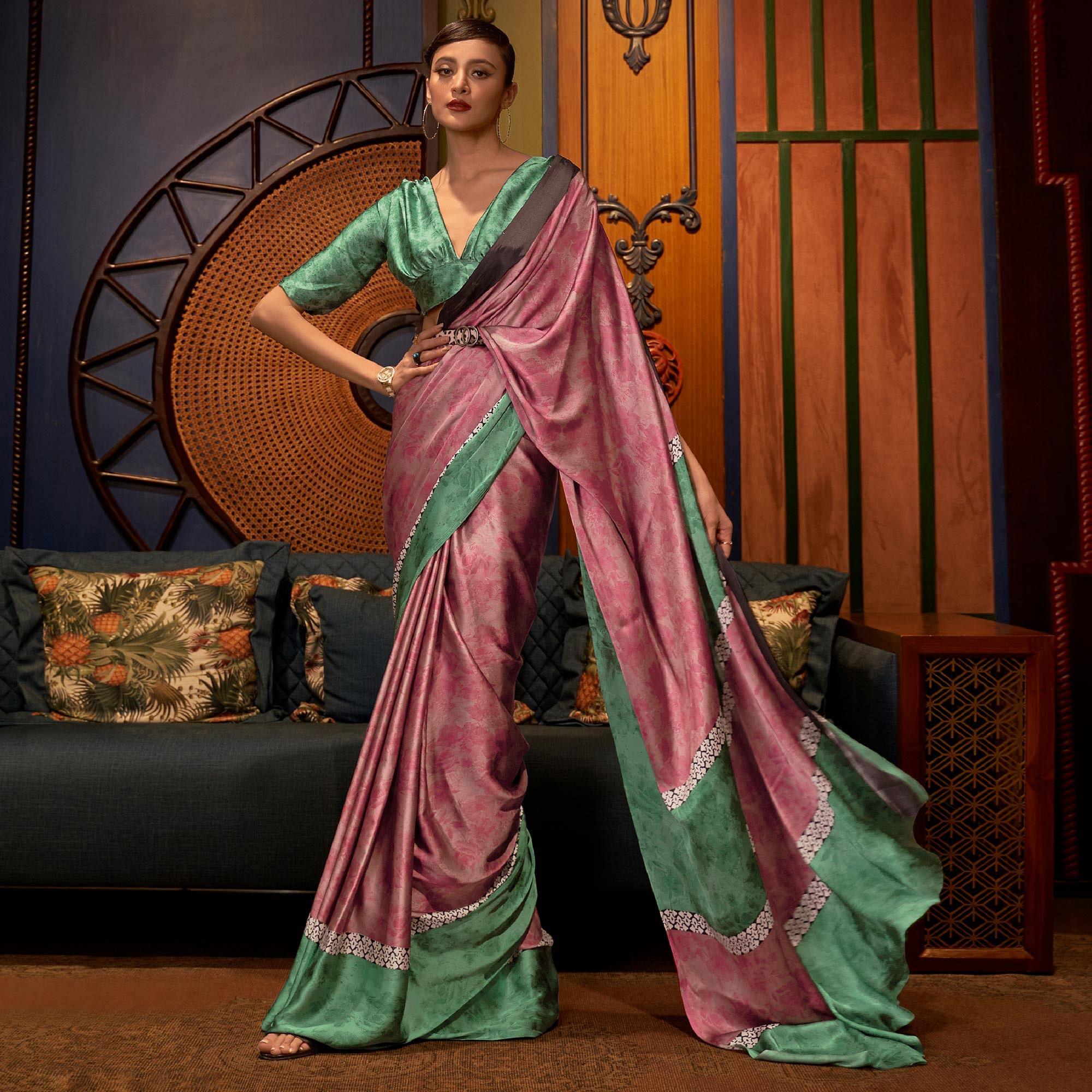 Pink Casual Wear Floral Printed Satin Silk Saree - Peachmode