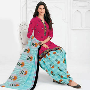 Pink Casual Wear Floral Printed Stitched Cotton Patiyala Suit With Dupatta - Peachmode