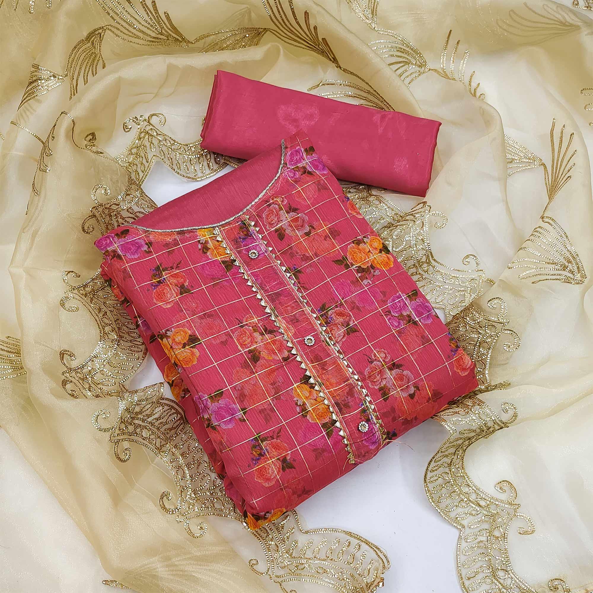 Pink Casual Wear Floral Printed With Checks Chanderi Dress Material - Peachmode