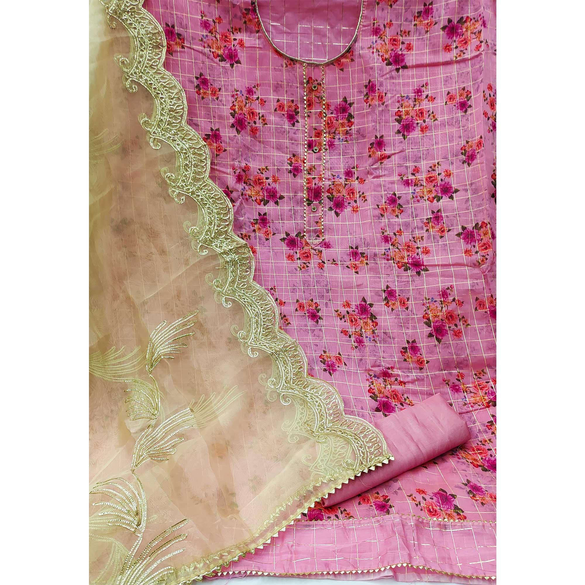 Pink Casual Wear Floral Printed With Checks Chanderi Dress Material - Peachmode