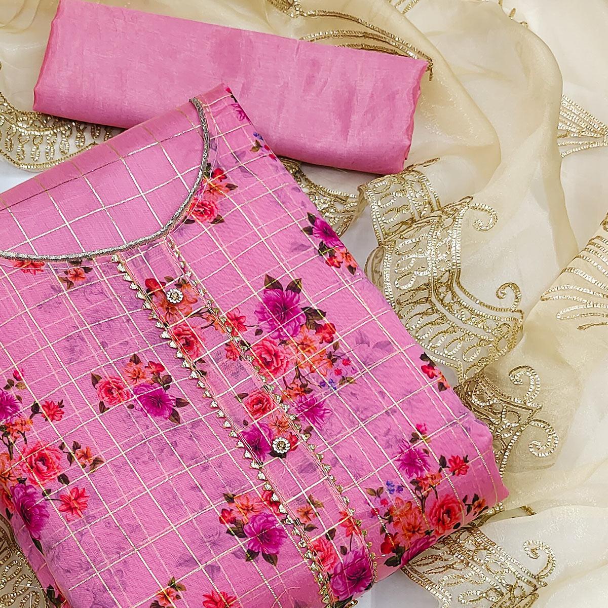 Pink Casual Wear Floral Printed With Checks Chanderi Dress Material - Peachmode
