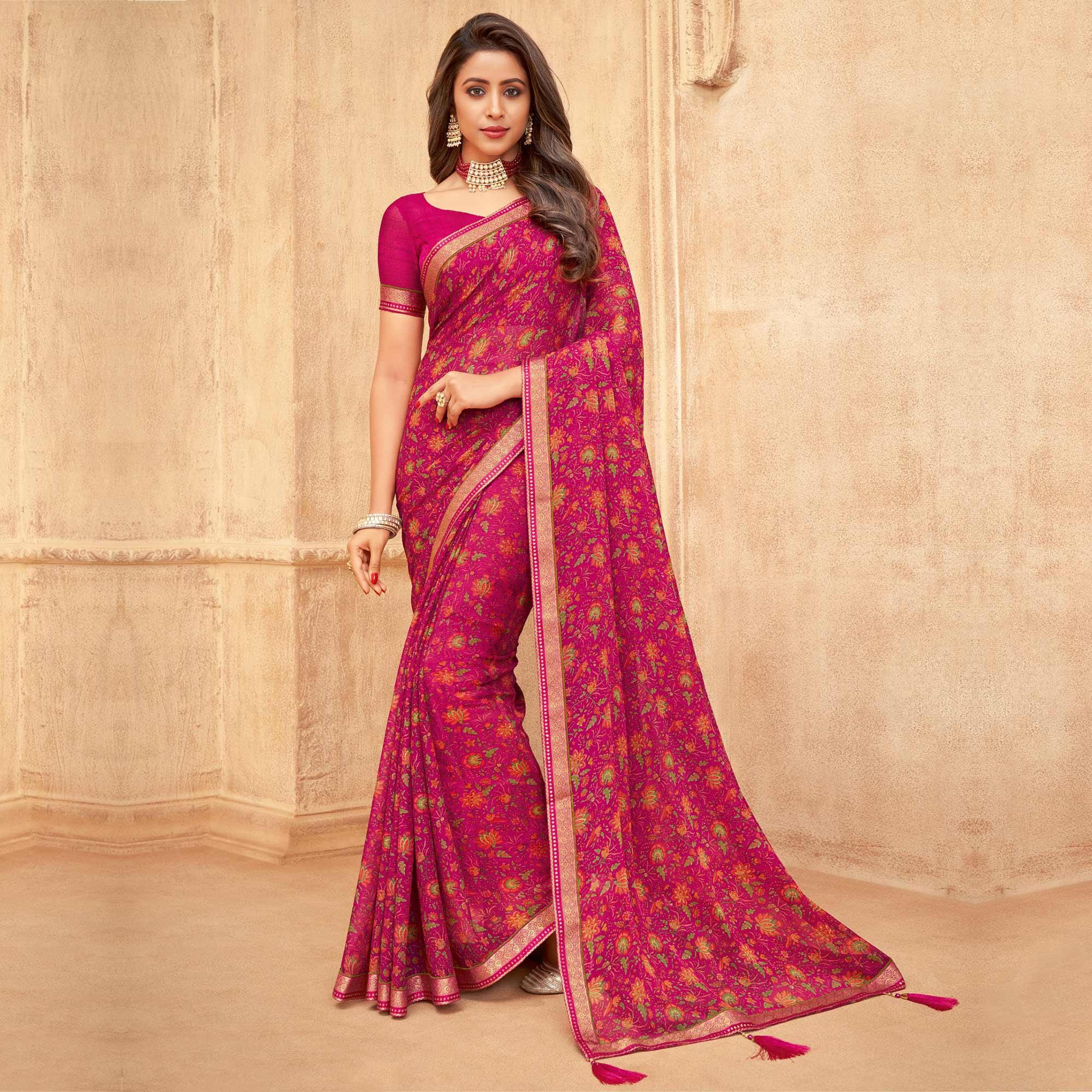 Pink Casual Wear Floral Printed with Tassels Chiffon Saree - Peachmode