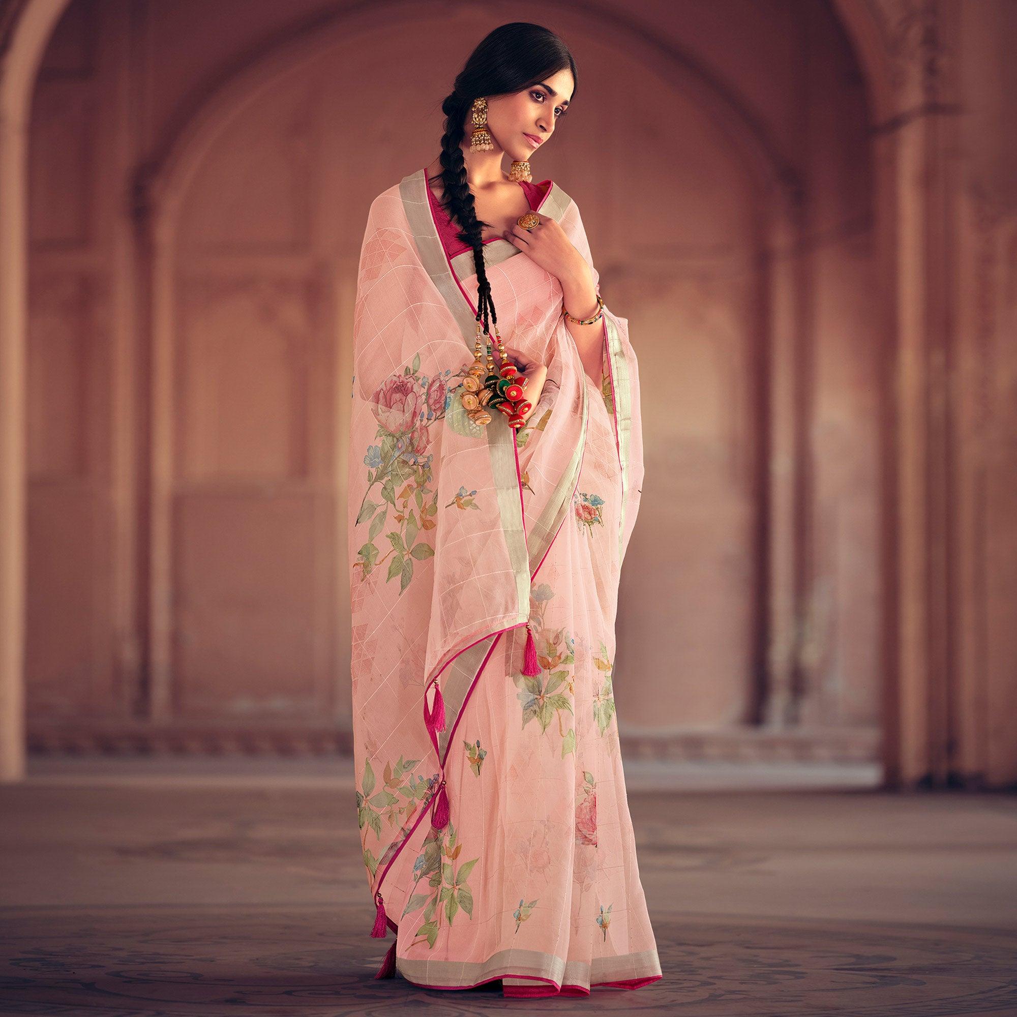Pink Casual Wear Floral Printed With Weaving Sequence Organza Saree - Peachmode