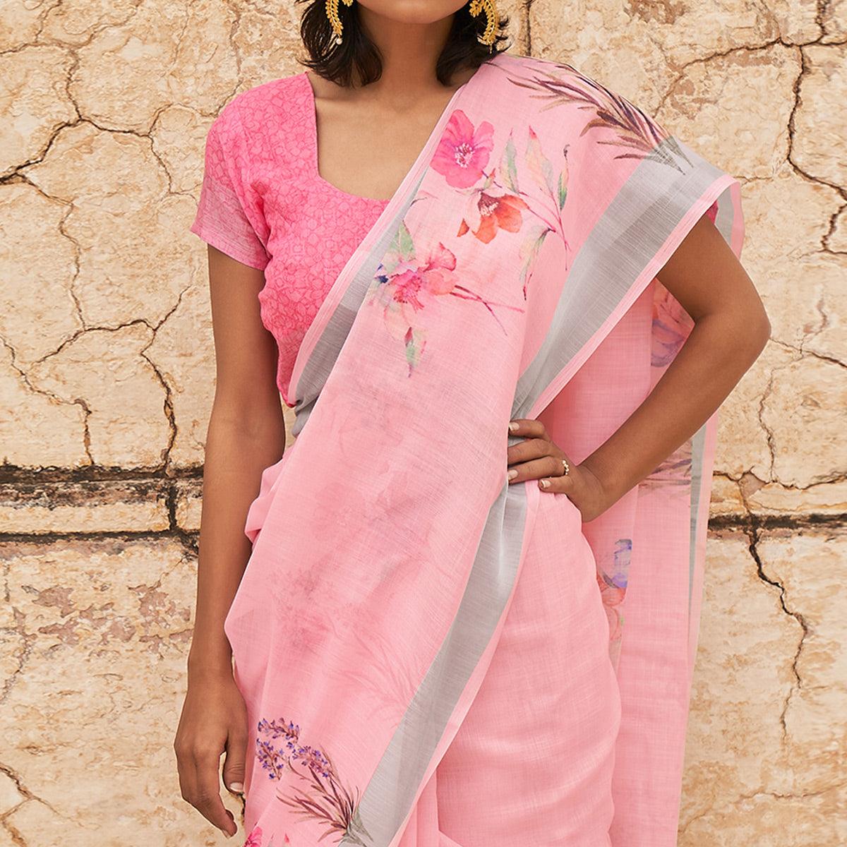 Pink Casual Wear Floral Printed Zari Border Soft Linen Cotton Saree - Peachmode