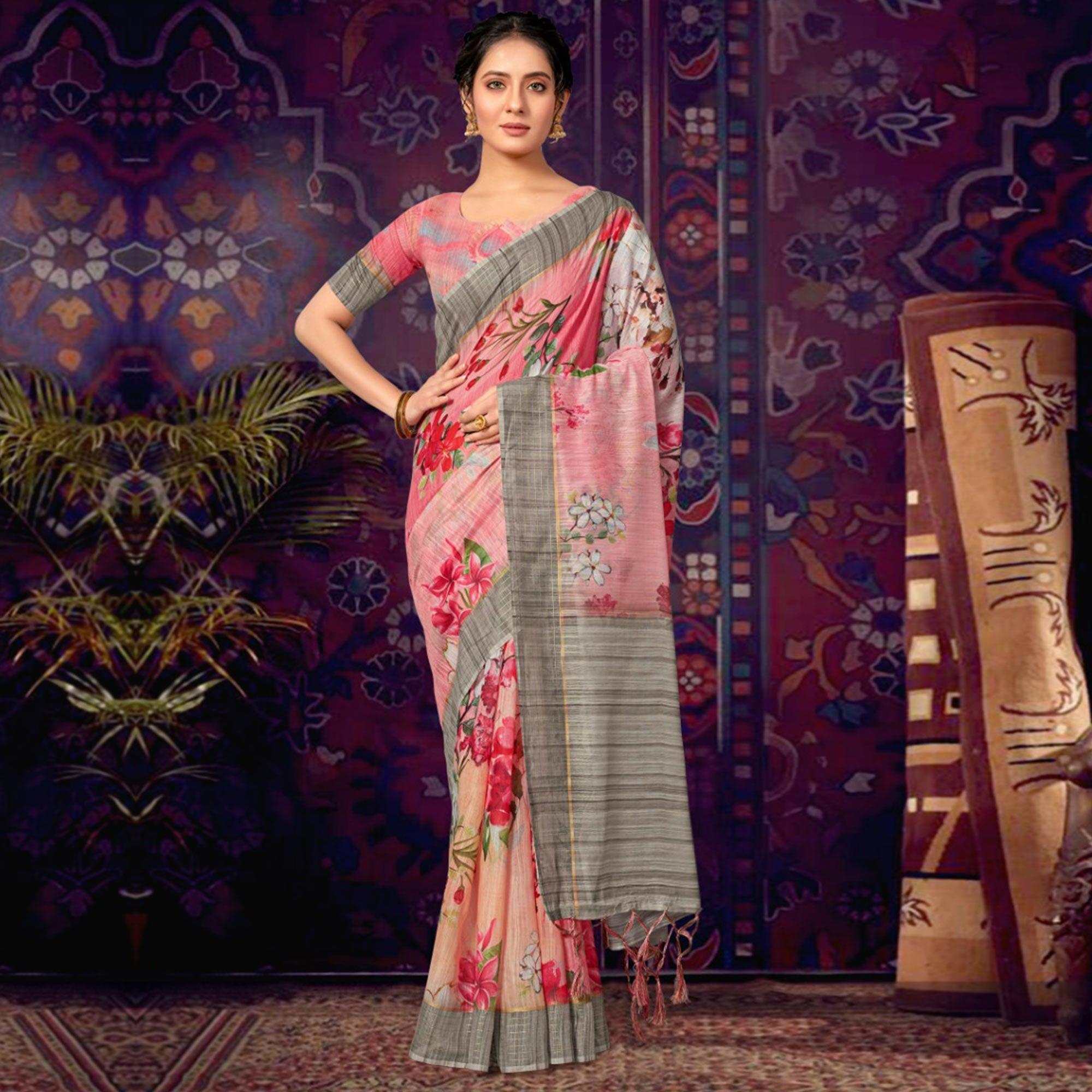Pink Casual Wear Floral Soft Cotton Saree - Peachmode