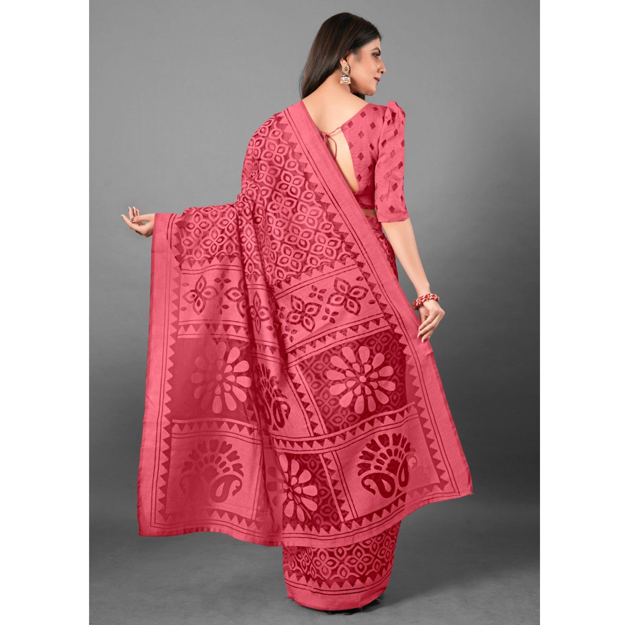 Pink Casual Wear Flower Brasso Saree - Peachmode