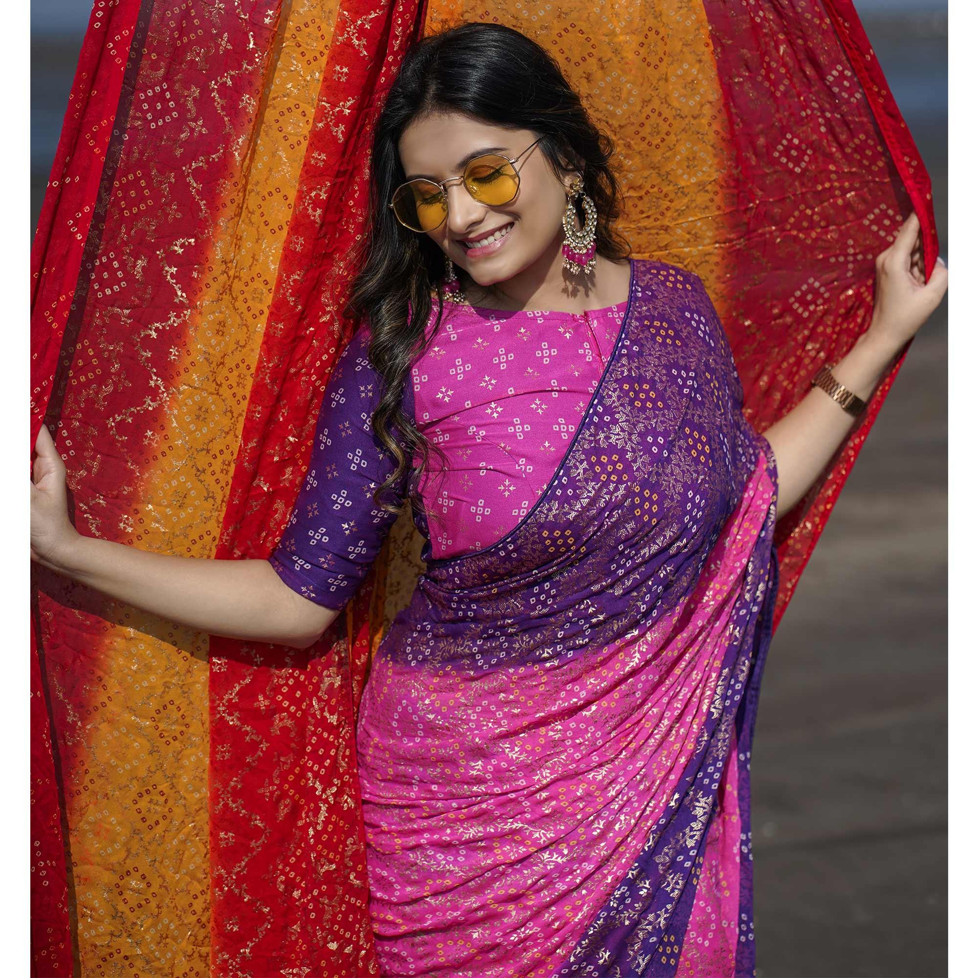 Pink Casual Wear Foil Printed CrepeSaree - Peachmode