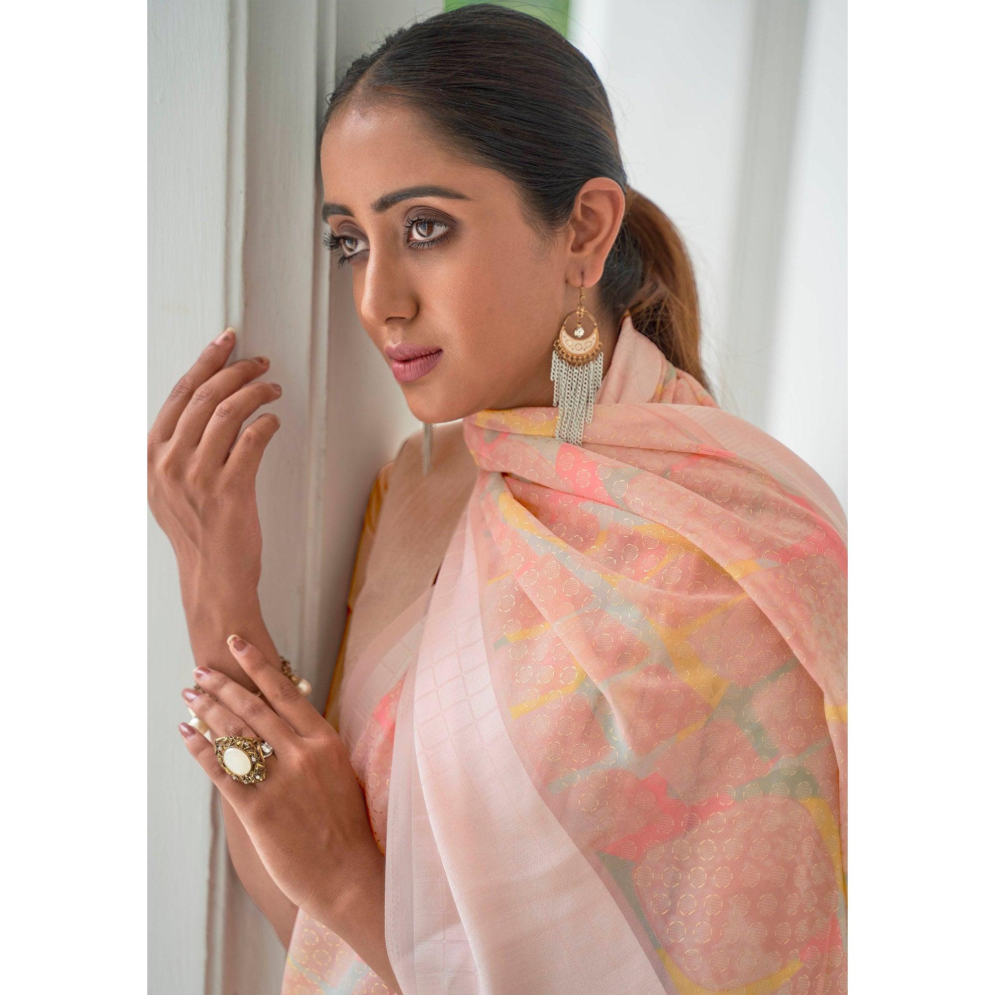 Pink Casual Wear Foil Printed Georgette Saree With Jacquard Border - Peachmode