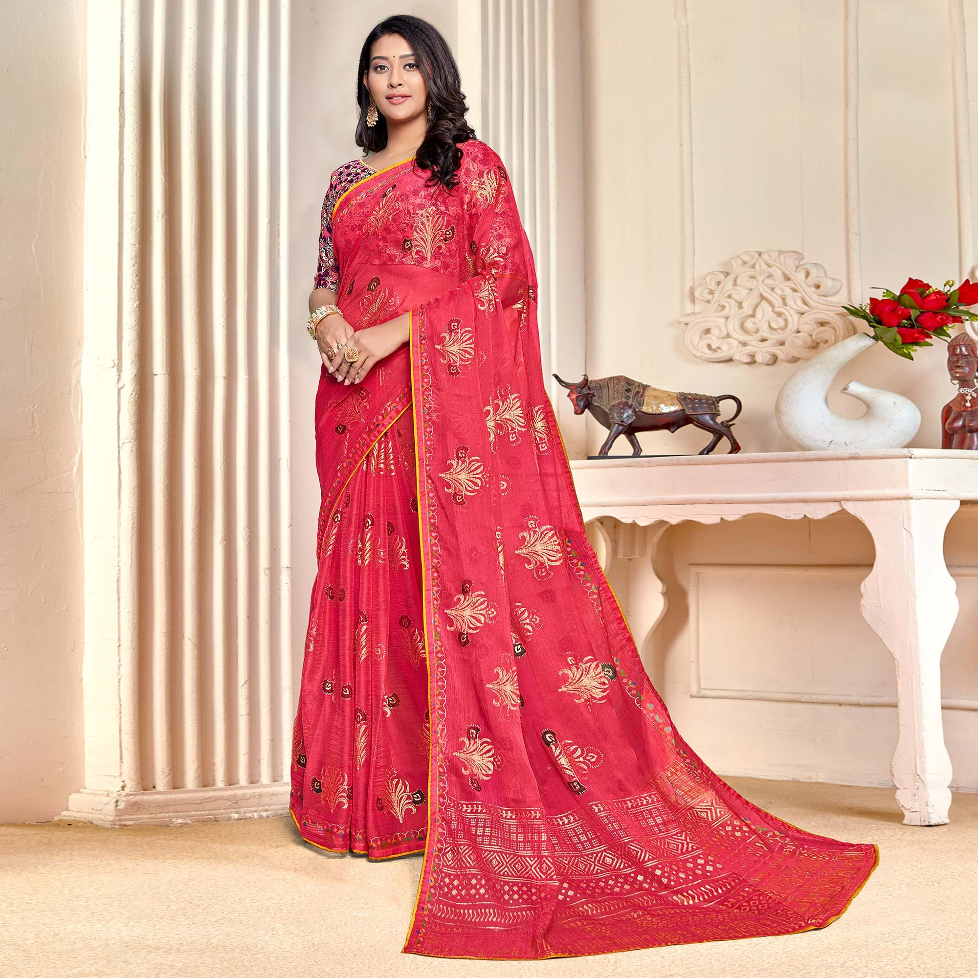 Pink Casual Wear Foil Printed Pure Chiffon Saree - Peachmode