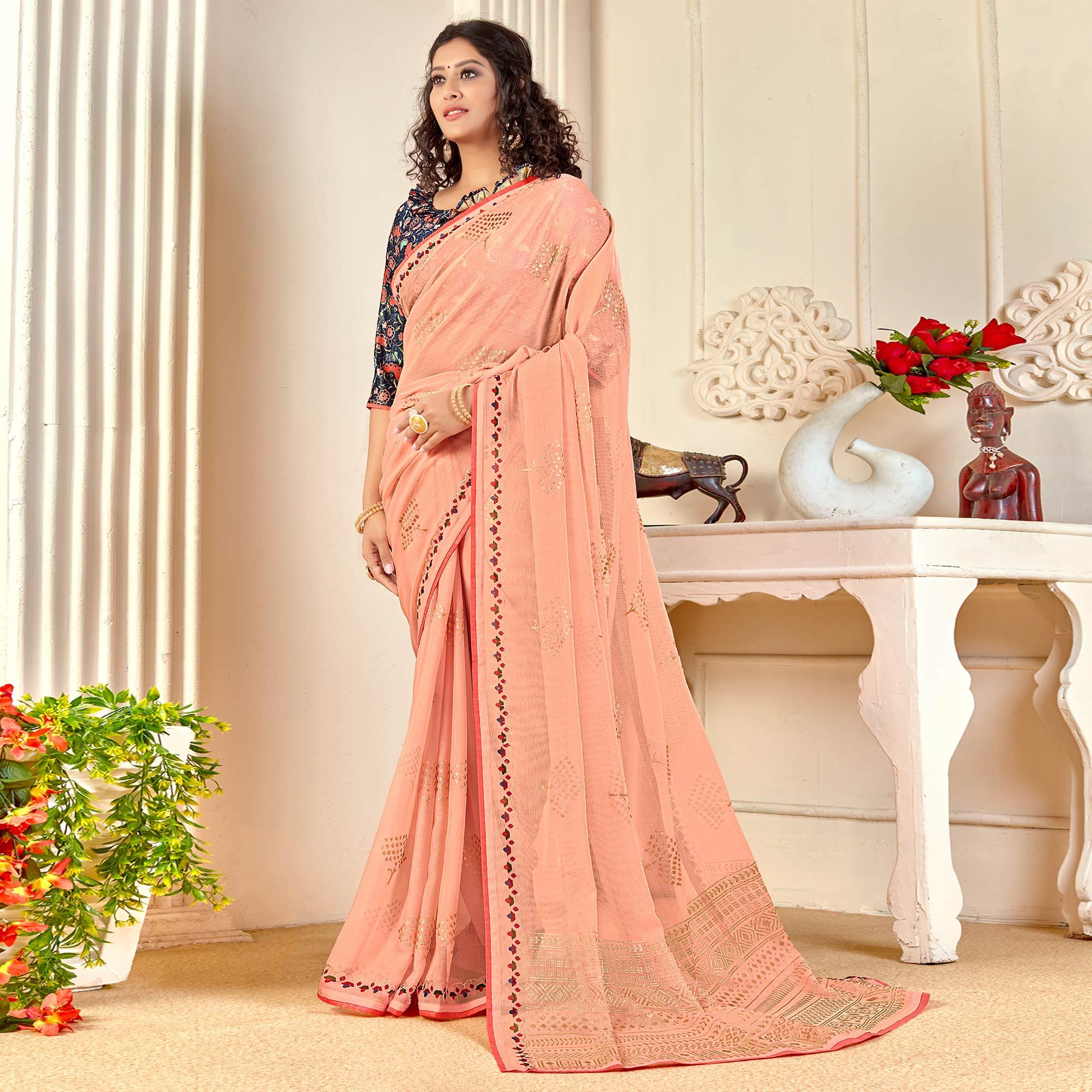 Pink Casual Wear Foil Printed Pure Chiffon Saree - Peachmode