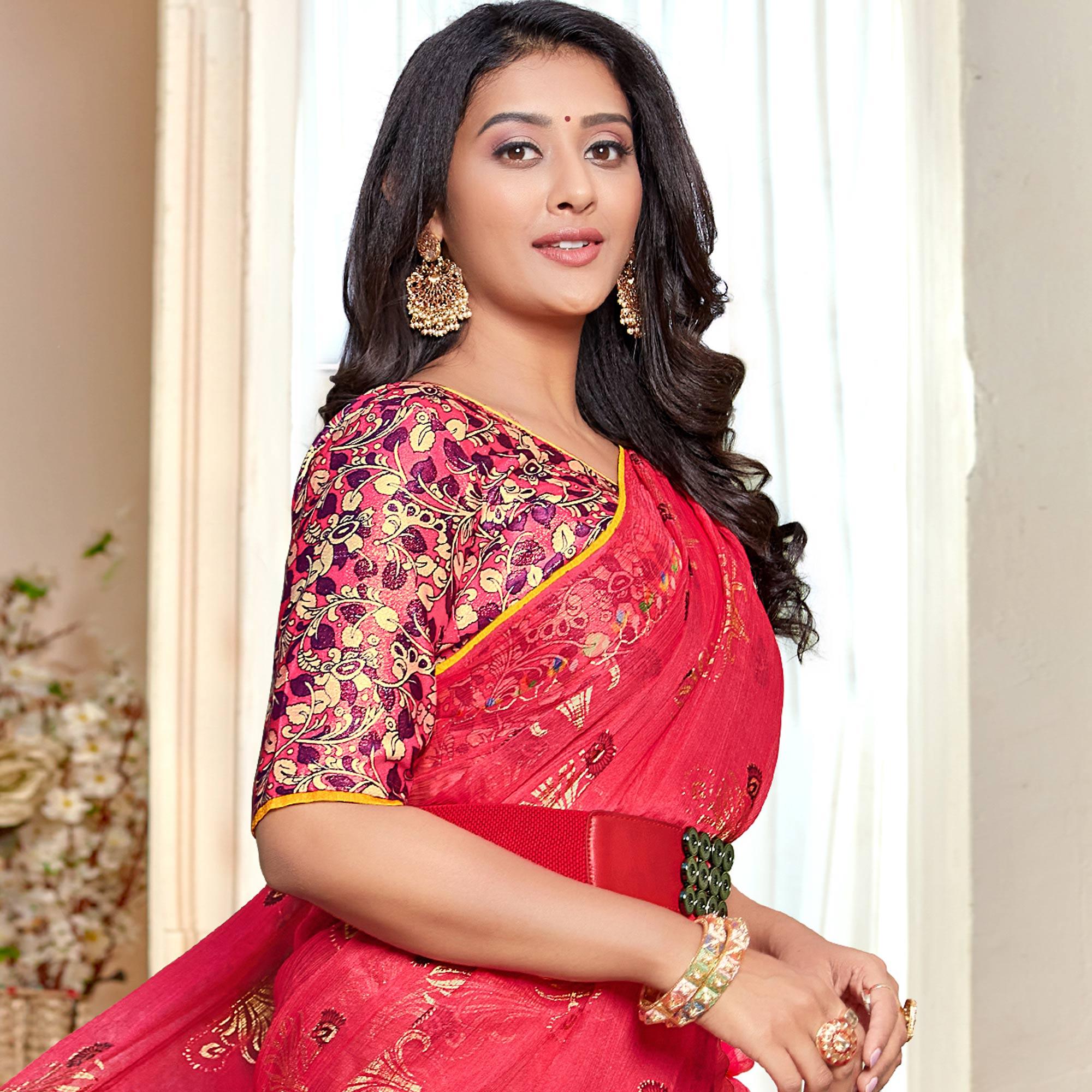 Pink Casual Wear Foil Printed Pure Chiffon Saree - Peachmode