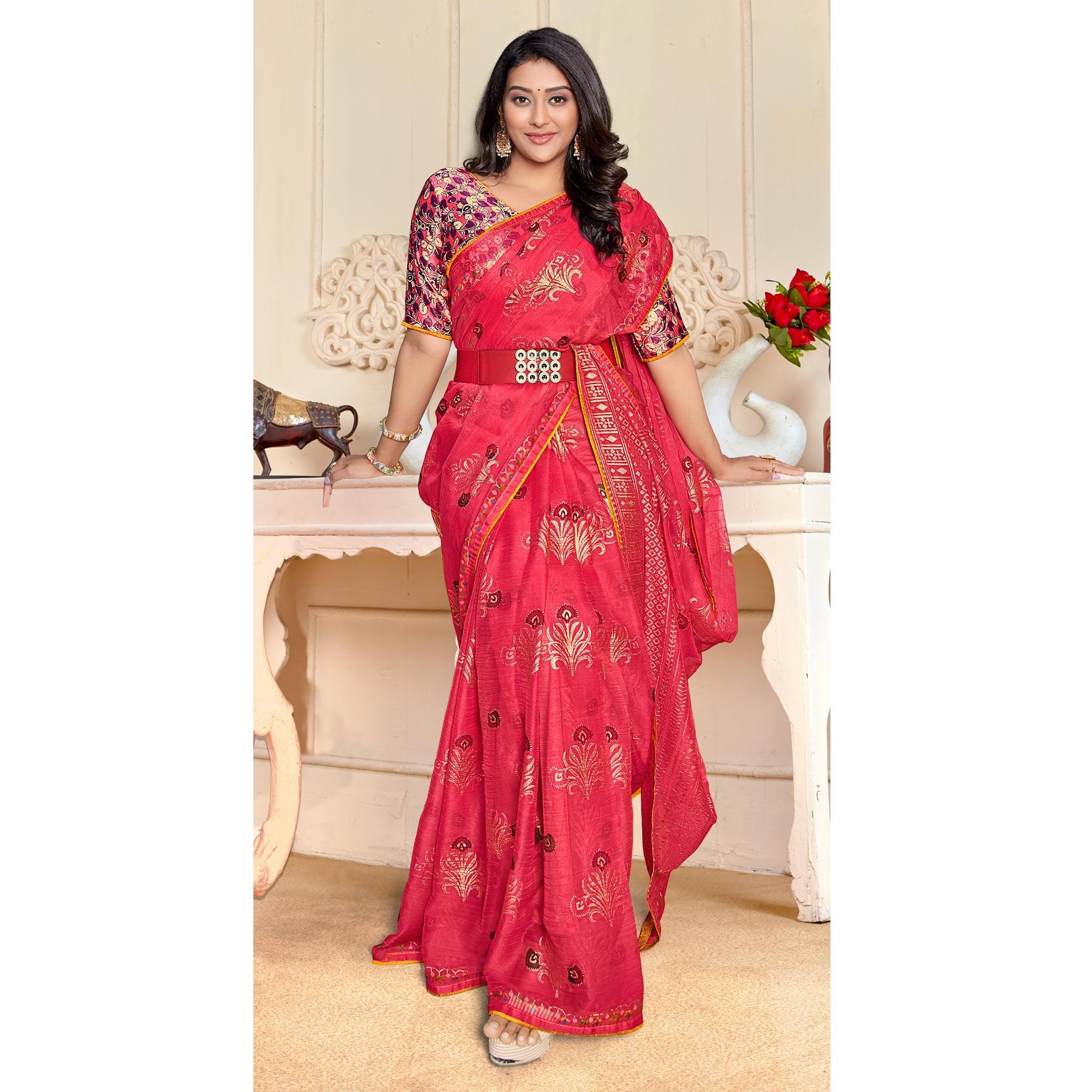 Pink Casual Wear Foil Printed Pure Chiffon Saree - Peachmode