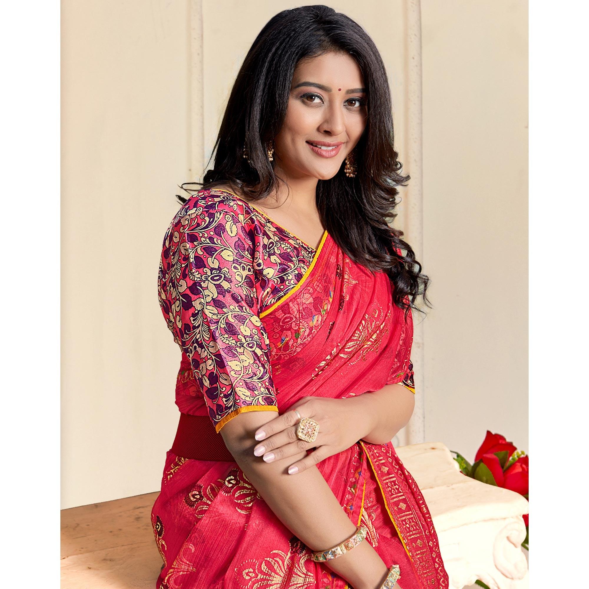 Pink Casual Wear Foil Printed Pure Chiffon Saree - Peachmode