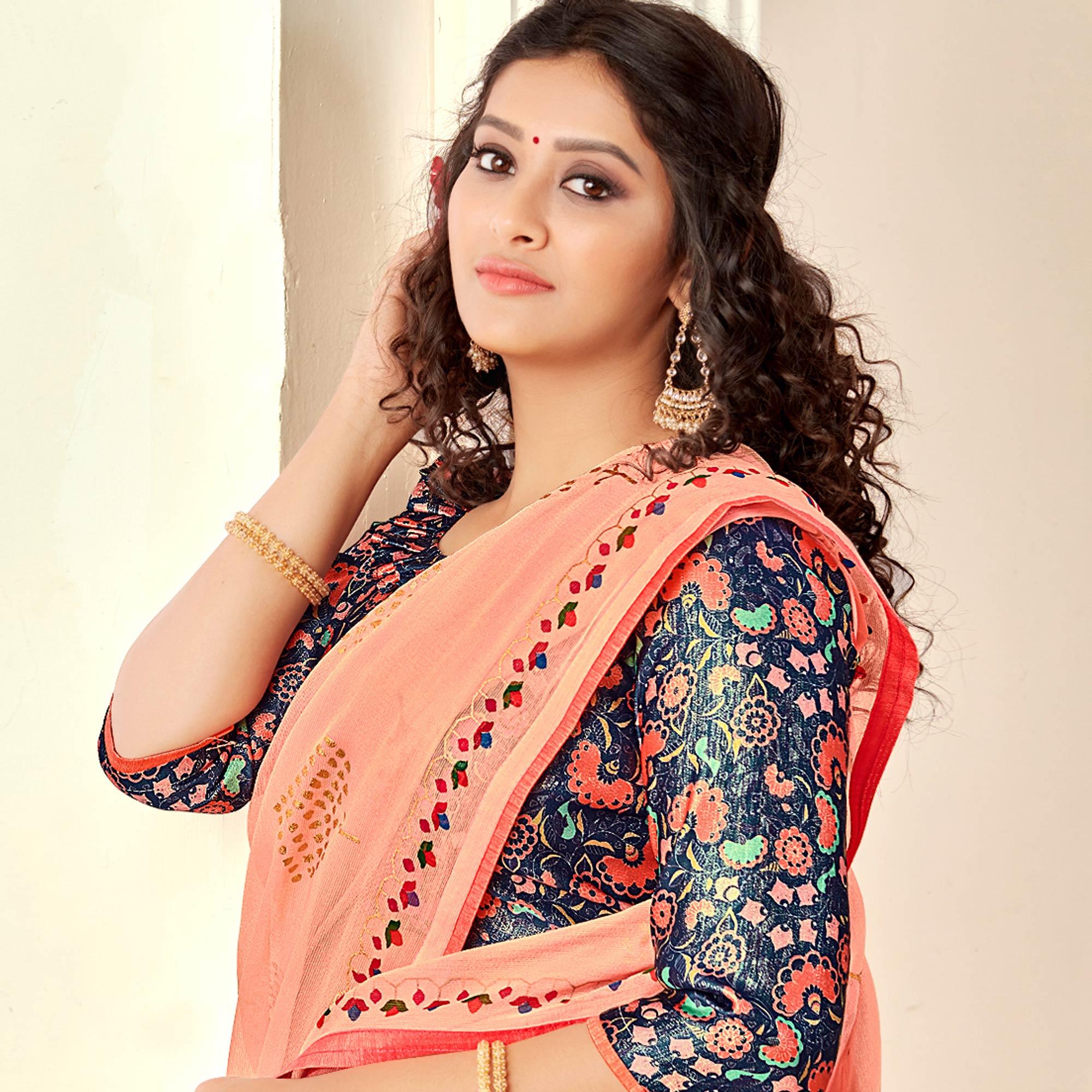Pink Casual Wear Foil Printed Pure Chiffon Saree - Peachmode