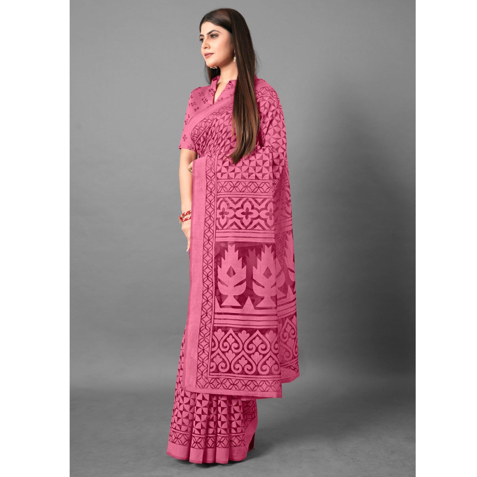Pink Casual Wear Geometric Brasso Saree - Peachmode
