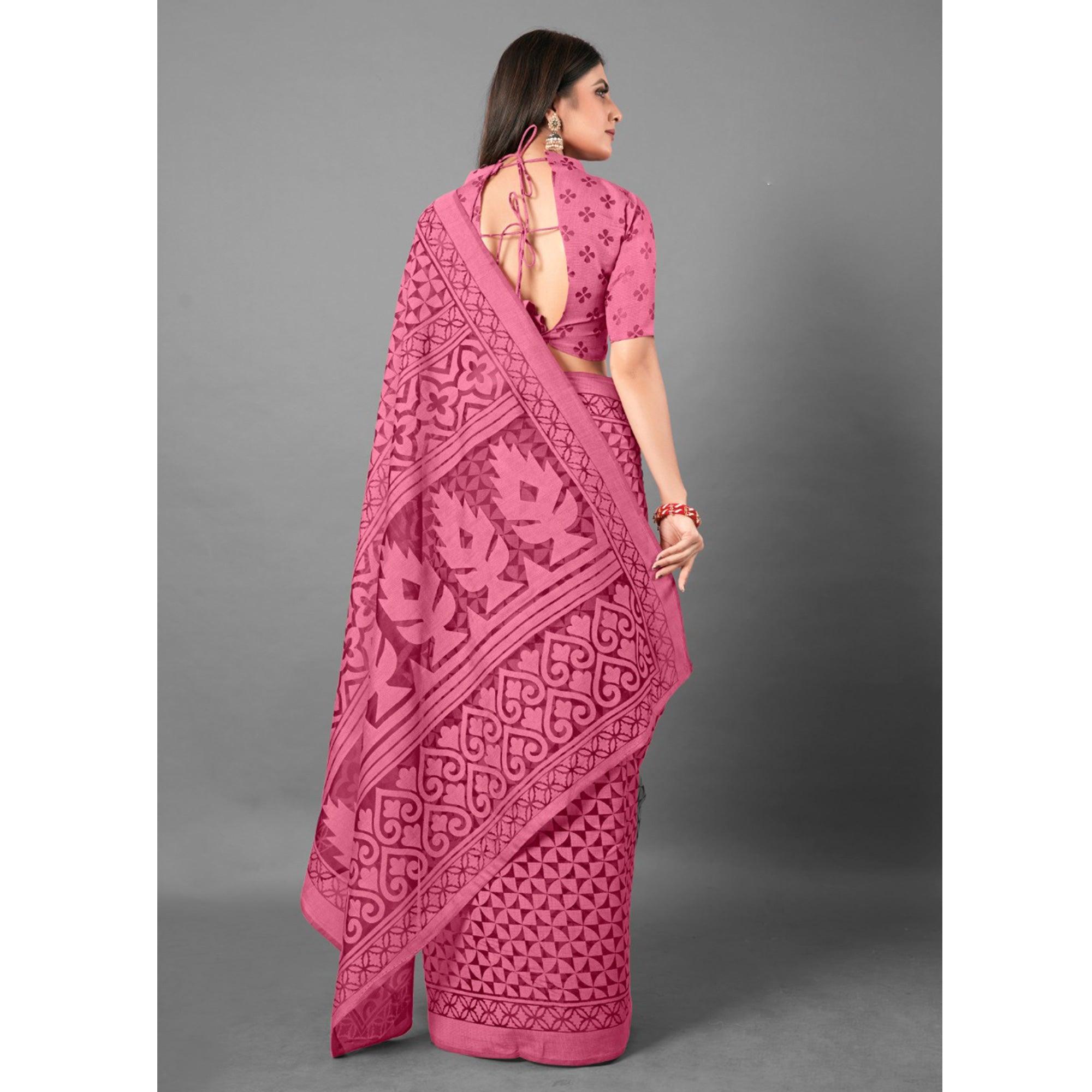 Pink Casual Wear Geometric Brasso Saree - Peachmode