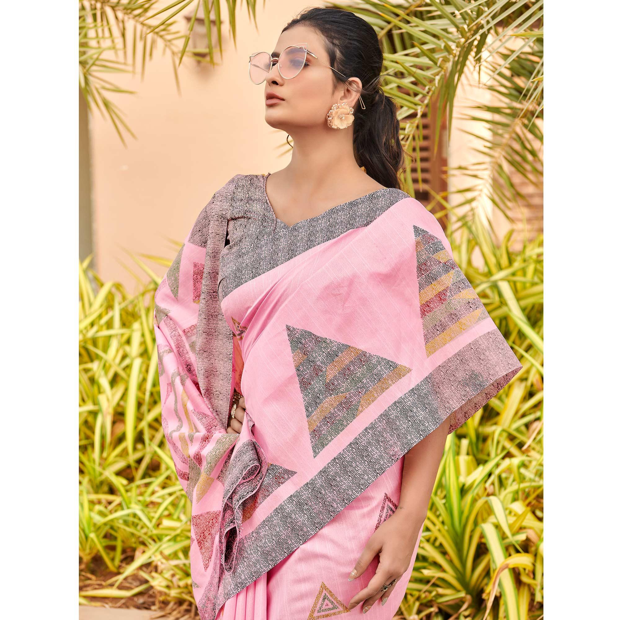 Pink Casual Wear Geometric Printed Bhagalpuri Silk Saree - Peachmode