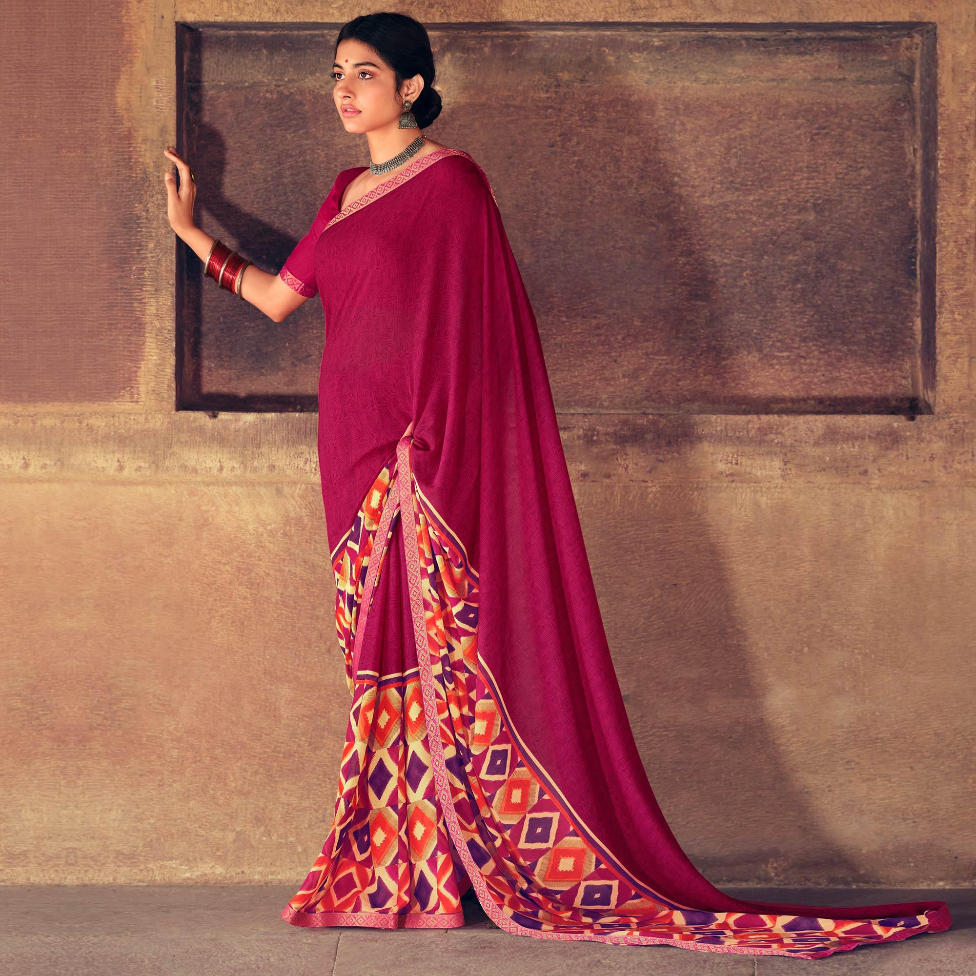 Pink Casual Wear Geometric Printed Heavy Micro Saree - Peachmode