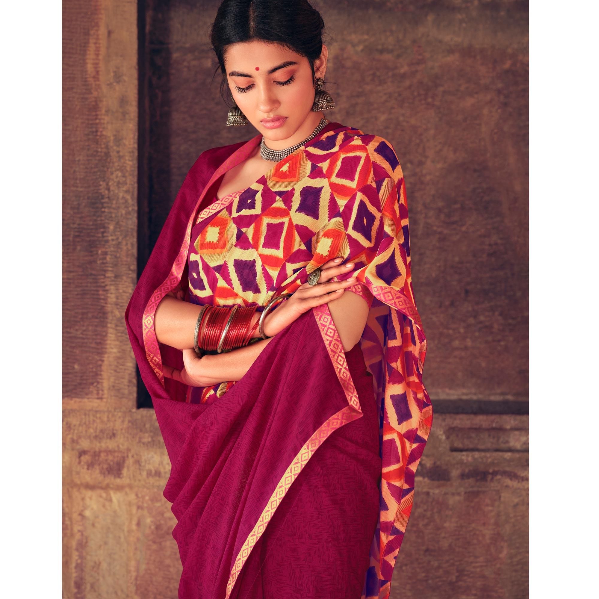 Pink Casual Wear Geometric Printed Heavy Micro Saree - Peachmode