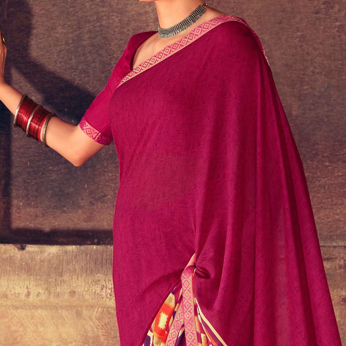 Pink Casual Wear Geometric Printed Heavy Micro Saree - Peachmode