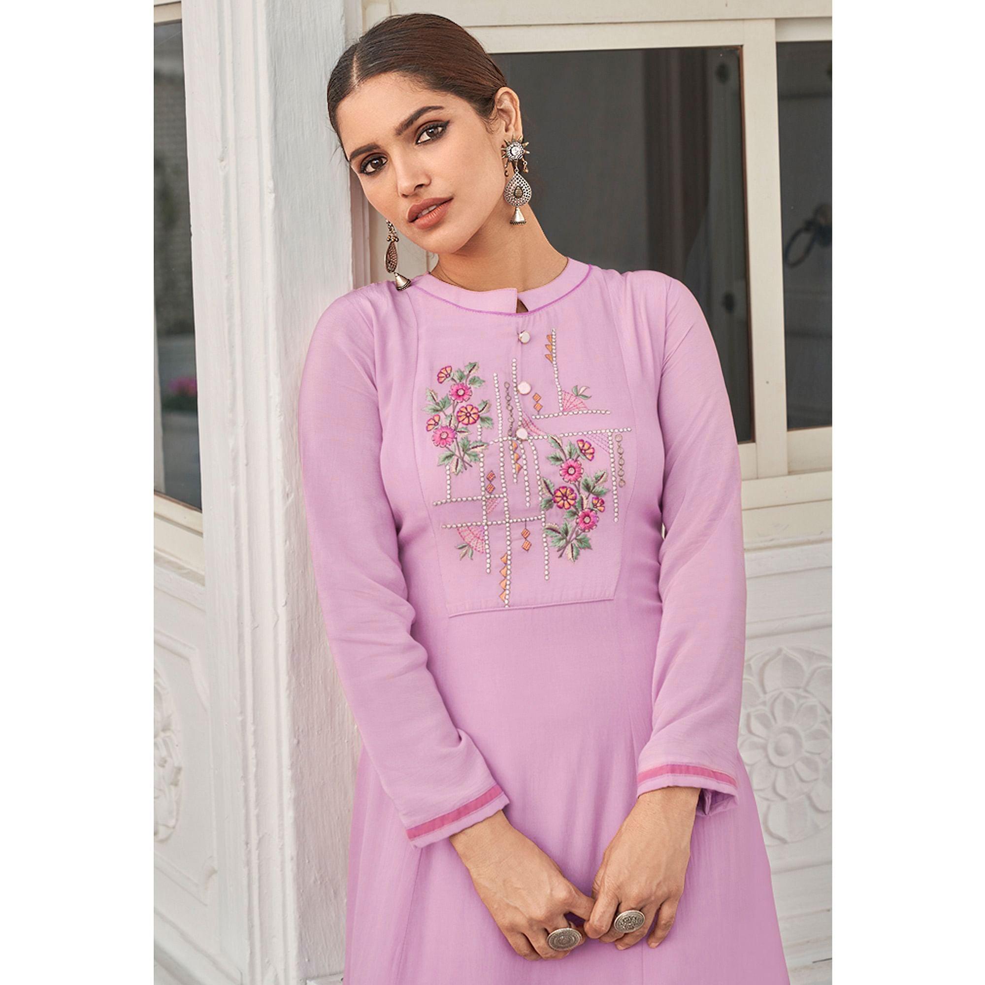 Pink Casual Wear Heavy Embroidered Pure Viscose Muslin Silk Kurti - Peachmode