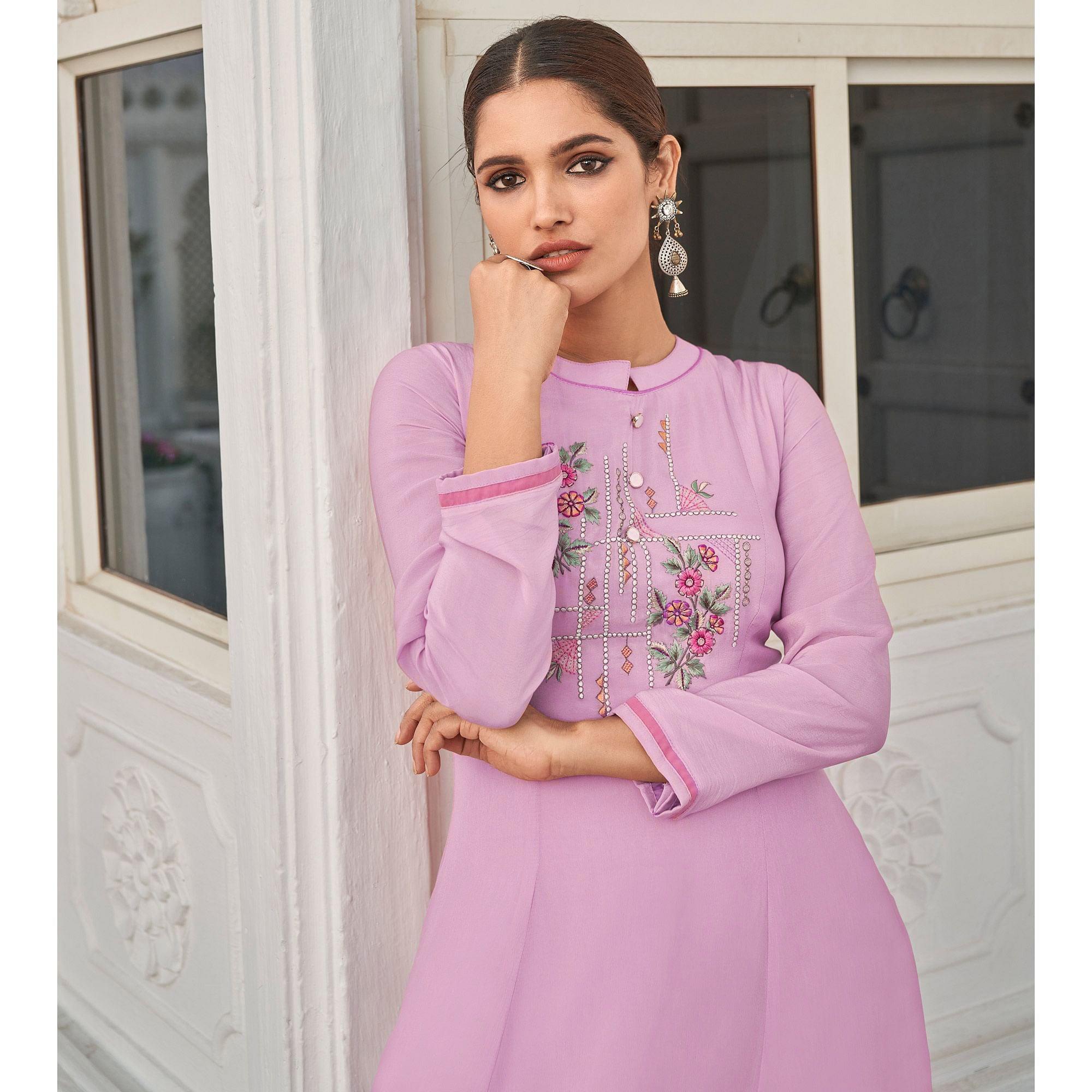 Pink Casual Wear Heavy Embroidered Pure Viscose Muslin Silk Kurti - Peachmode