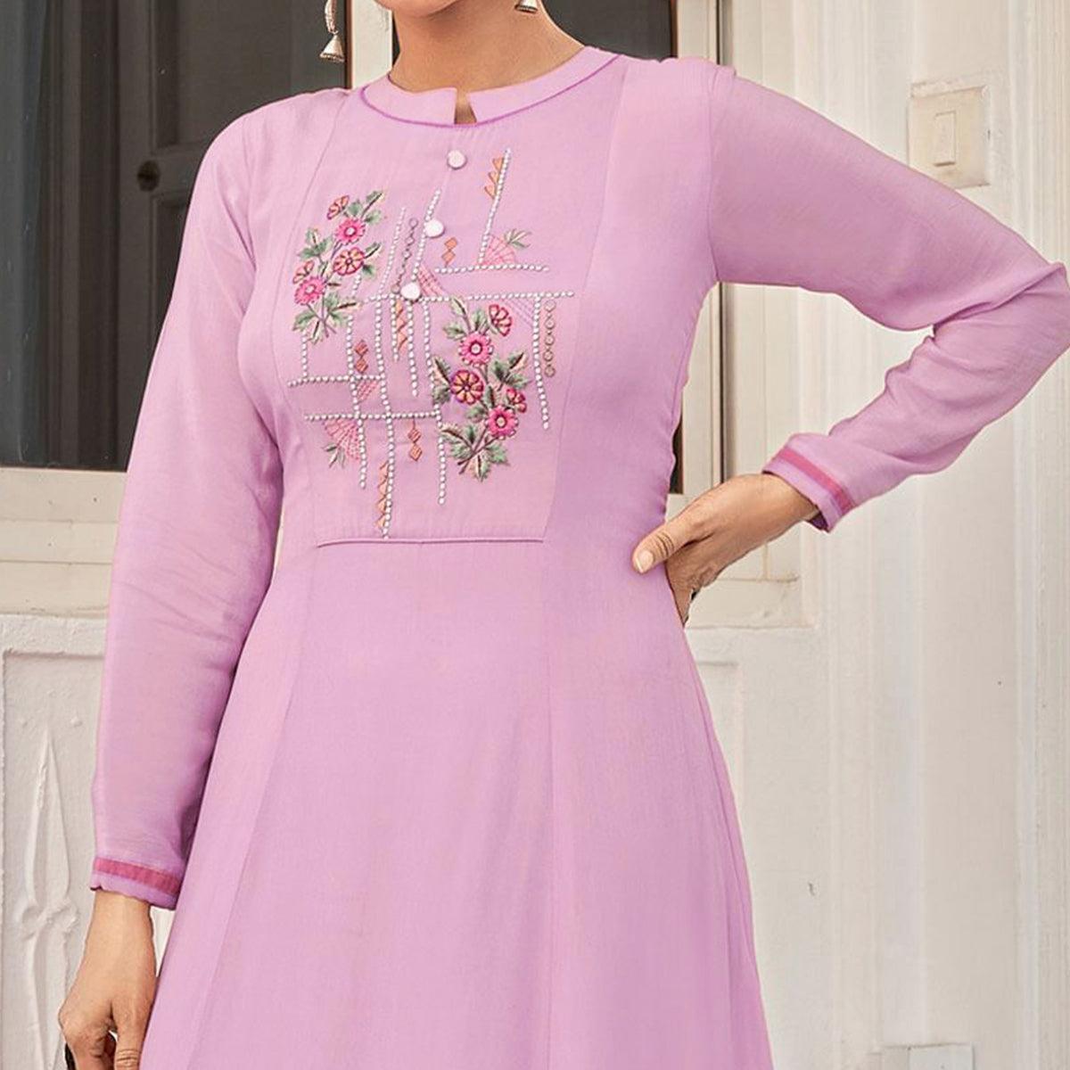 Pink Casual Wear Heavy Embroidered Pure Viscose Muslin Silk Kurti - Peachmode