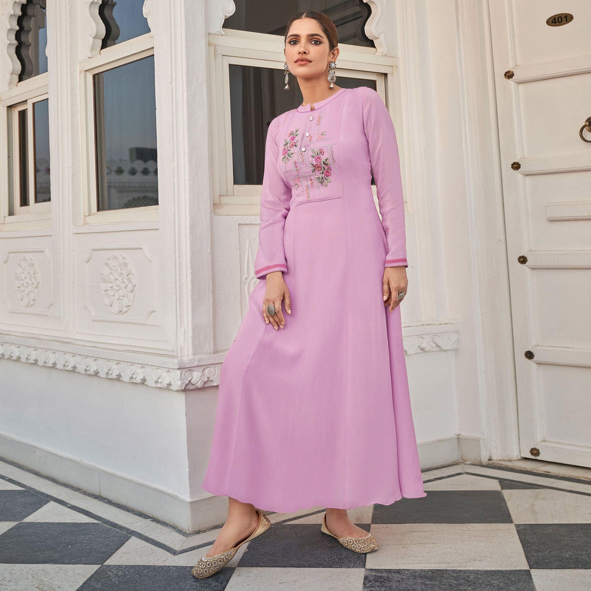 Pink Casual Wear Heavy Embroidered Pure Viscose Muslin Silk Kurti - Peachmode