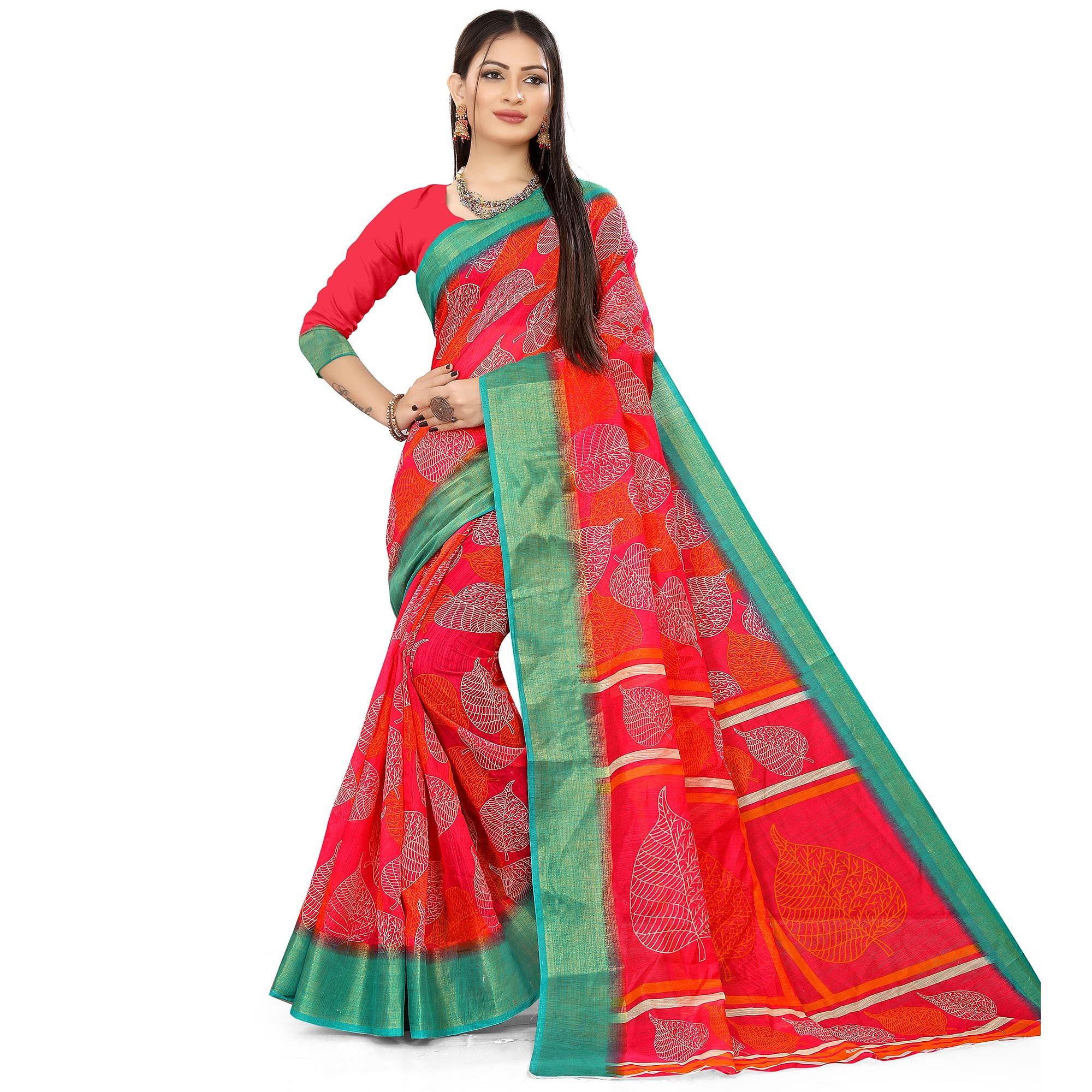 Pink Casual Wear Leaf Printed Cotton Linen Saree - Peachmode