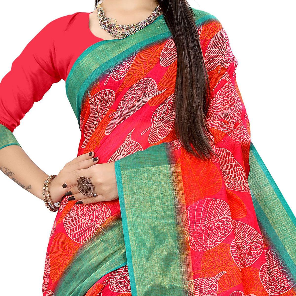 Pink Casual Wear Leaf Printed Cotton Linen Saree - Peachmode