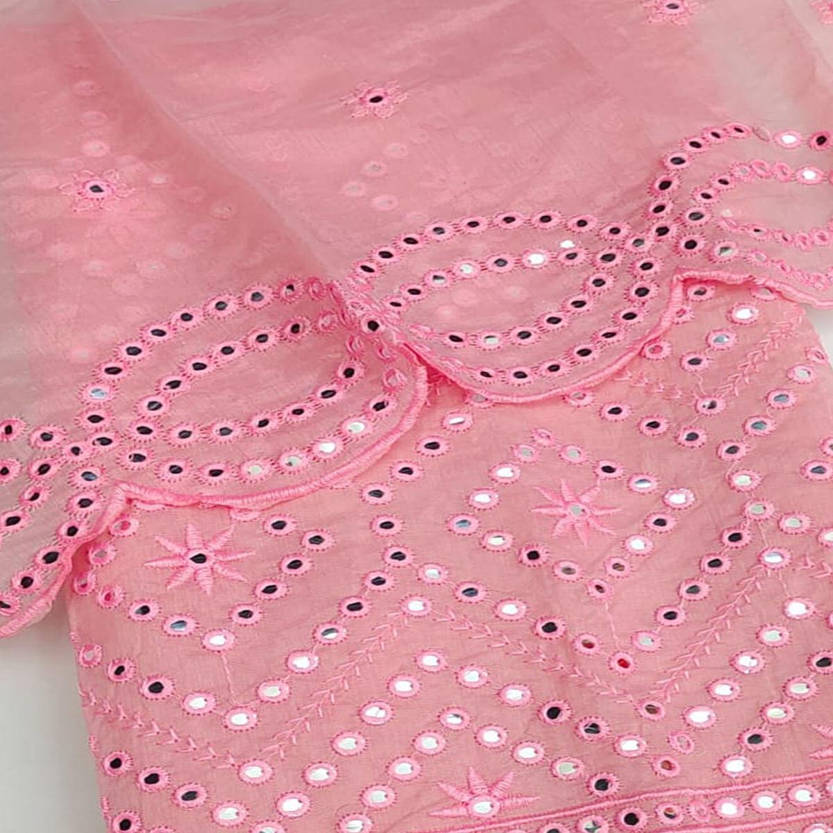 Pink Casual Wear Mirror Work Chanderi Dress Material - Peachmode