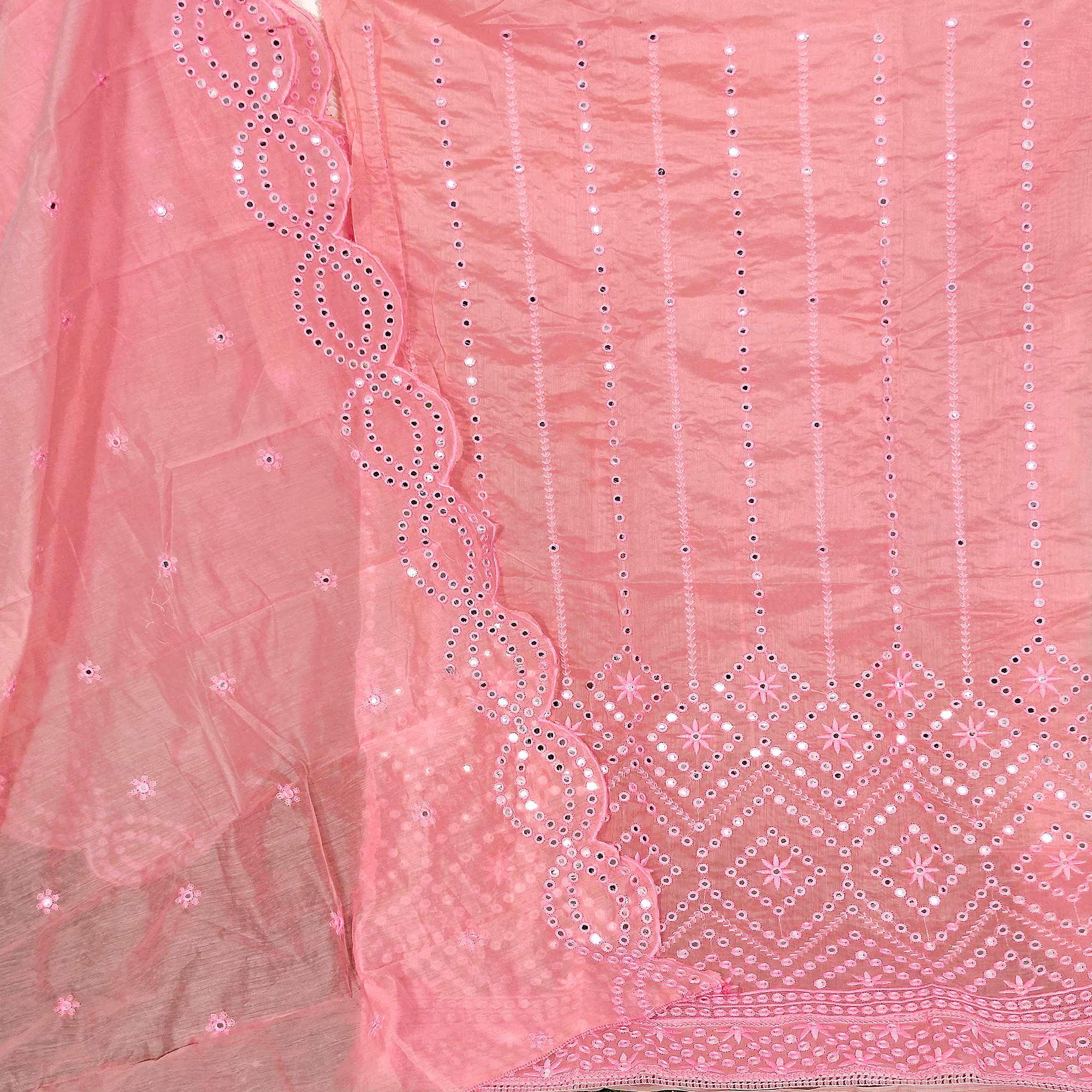 Pink Casual Wear Mirror Work Chanderi Dress Material - Peachmode