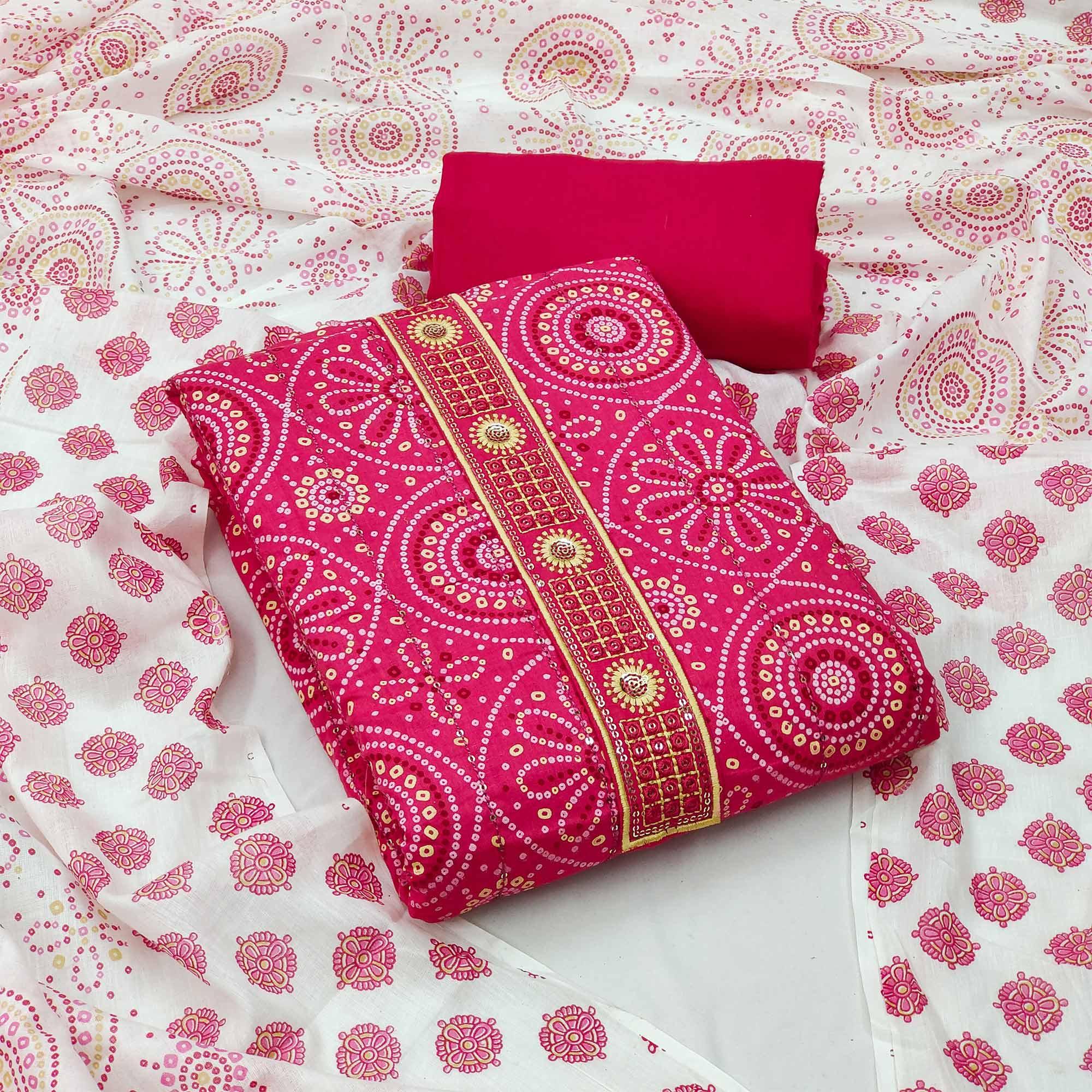 Pink Casual Wear Print With Sequence Embroidered Cotton Dress Material - Peachmode