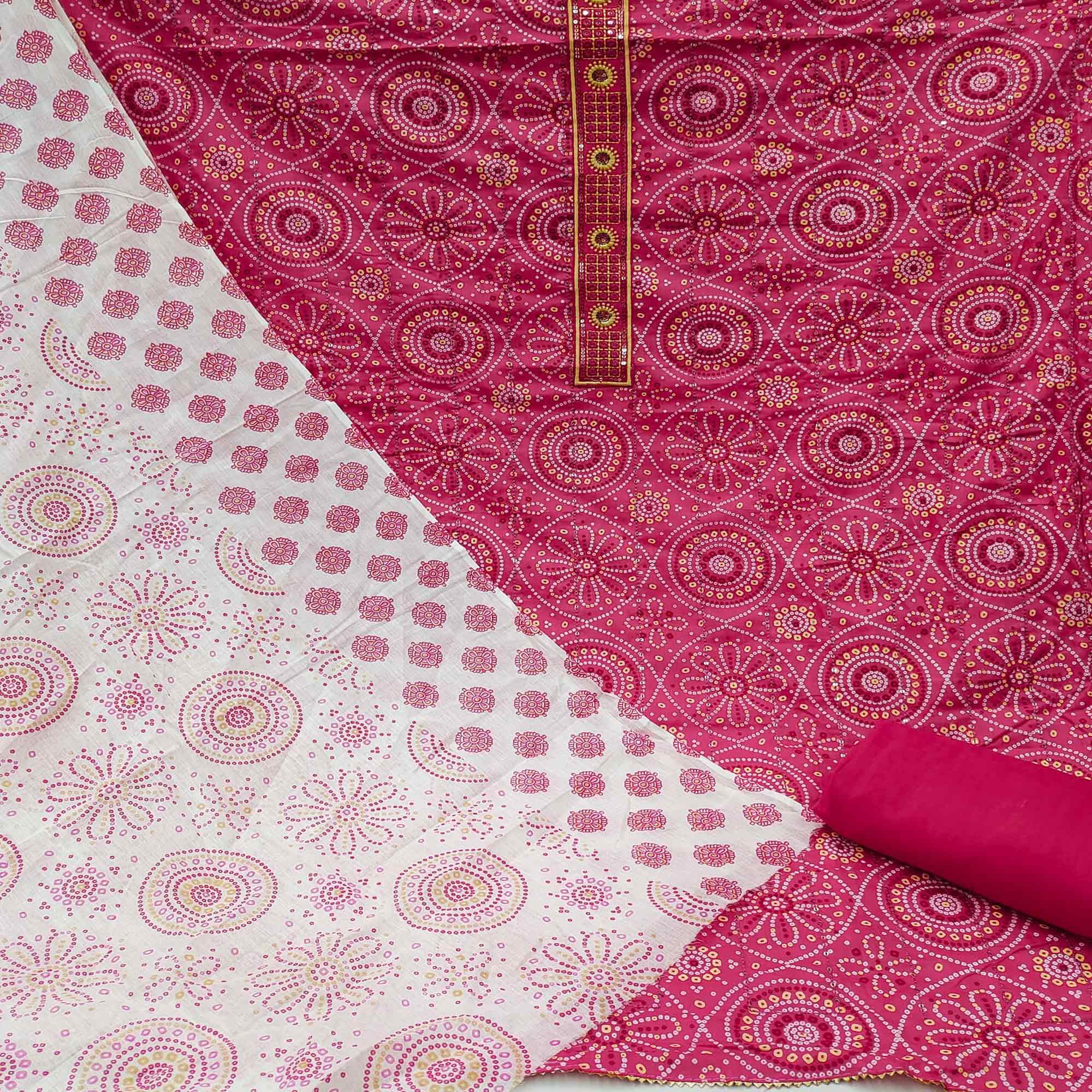 Pink Casual Wear Print With Sequence Embroidered Cotton Dress Material - Peachmode
