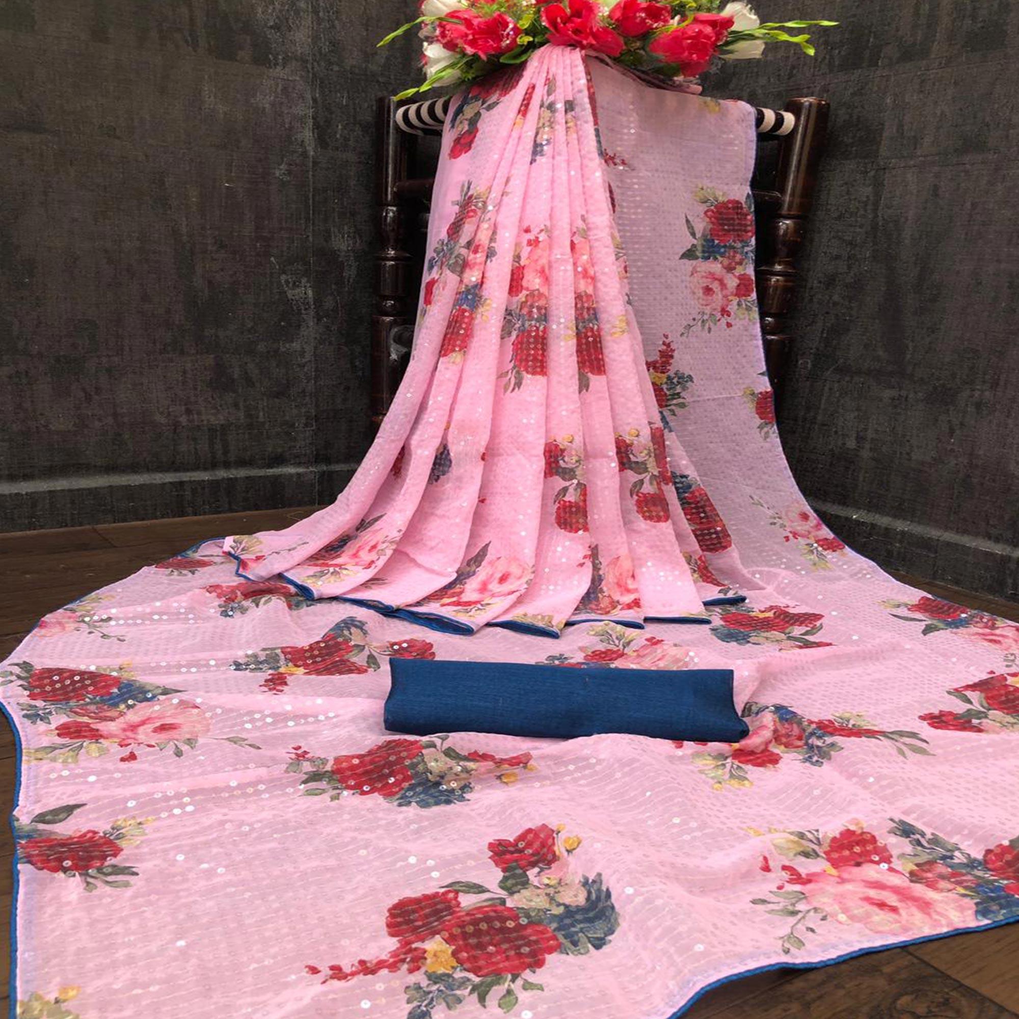 Pink Casual Wear Printed & Sequence Work Heavy Georgette Saree - Peachmode