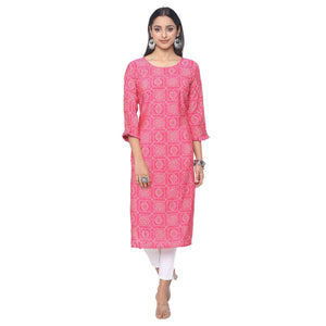 Pink Casual Wear Printed Chanderi Silk Kurti - Peachmode