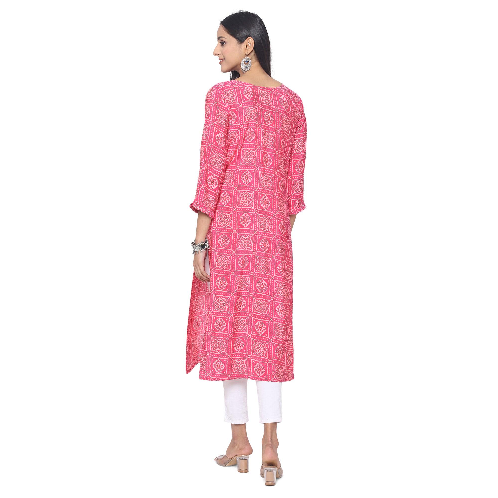Pink Casual Wear Printed Chanderi Silk Kurti - Peachmode