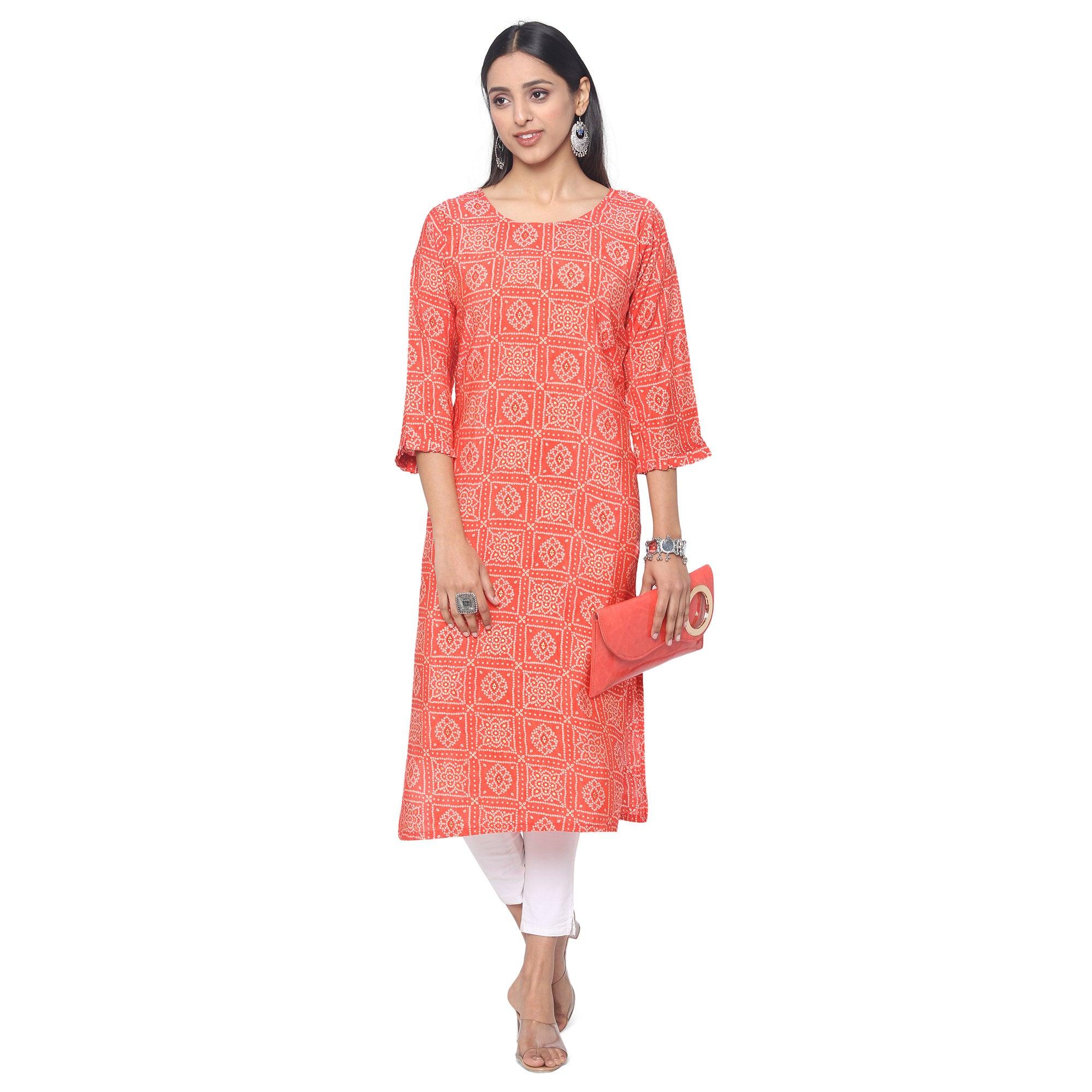 Pink Casual Wear Printed Chanderi Silk Kurti - Peachmode