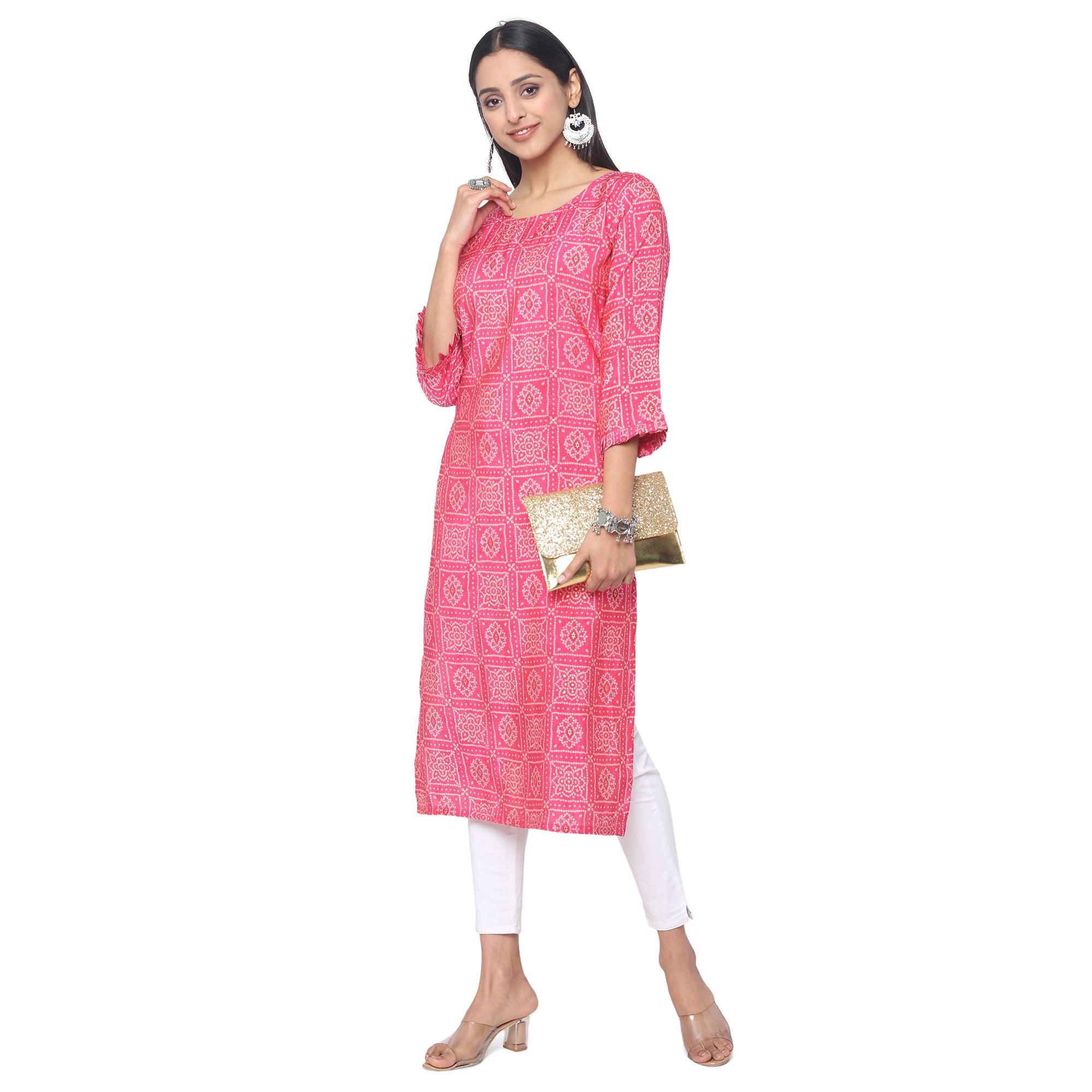 Pink Casual Wear Printed Chanderi Silk Kurti - Peachmode