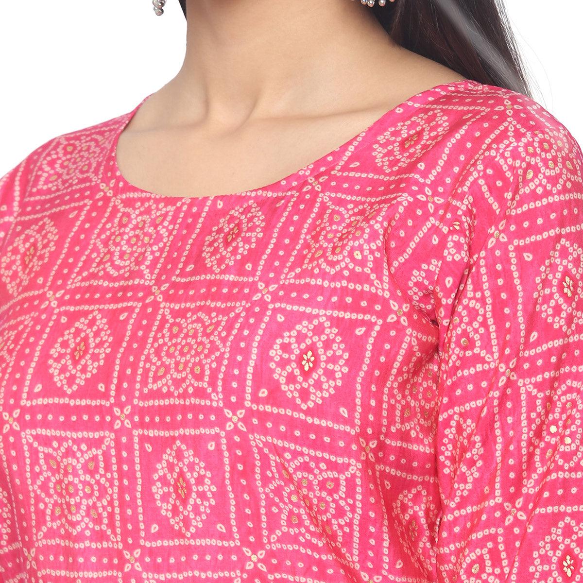 Pink Casual Wear Printed Chanderi Silk Kurti - Peachmode