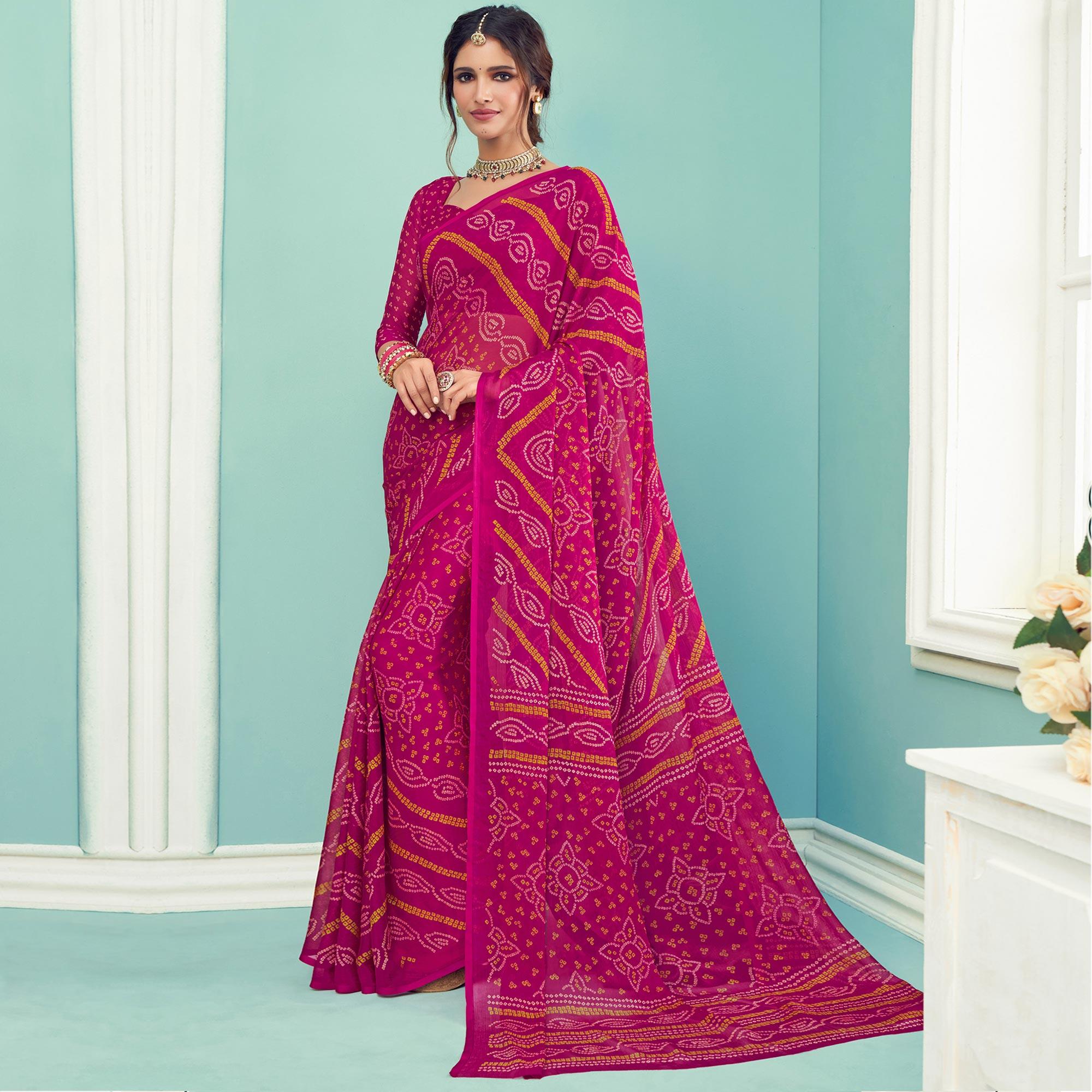Pink Casual Wear Printed Chiffon Bandhani Saree - Peachmode