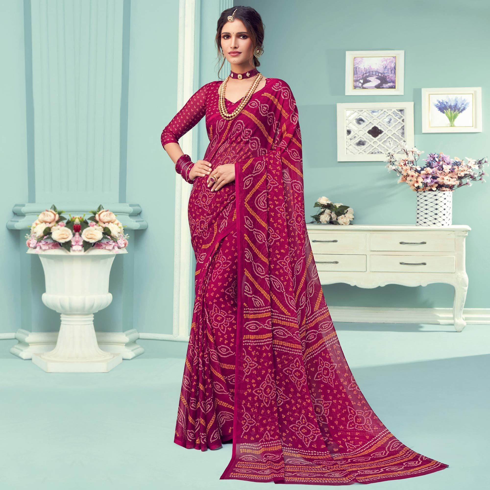 Pink Casual Wear Printed Chiffon Bandhani Saree - Peachmode